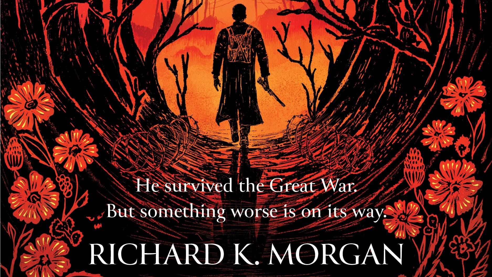 A man wearing a trenchcoat and holding a gun walks through a forest in the cover art for No Man's Land