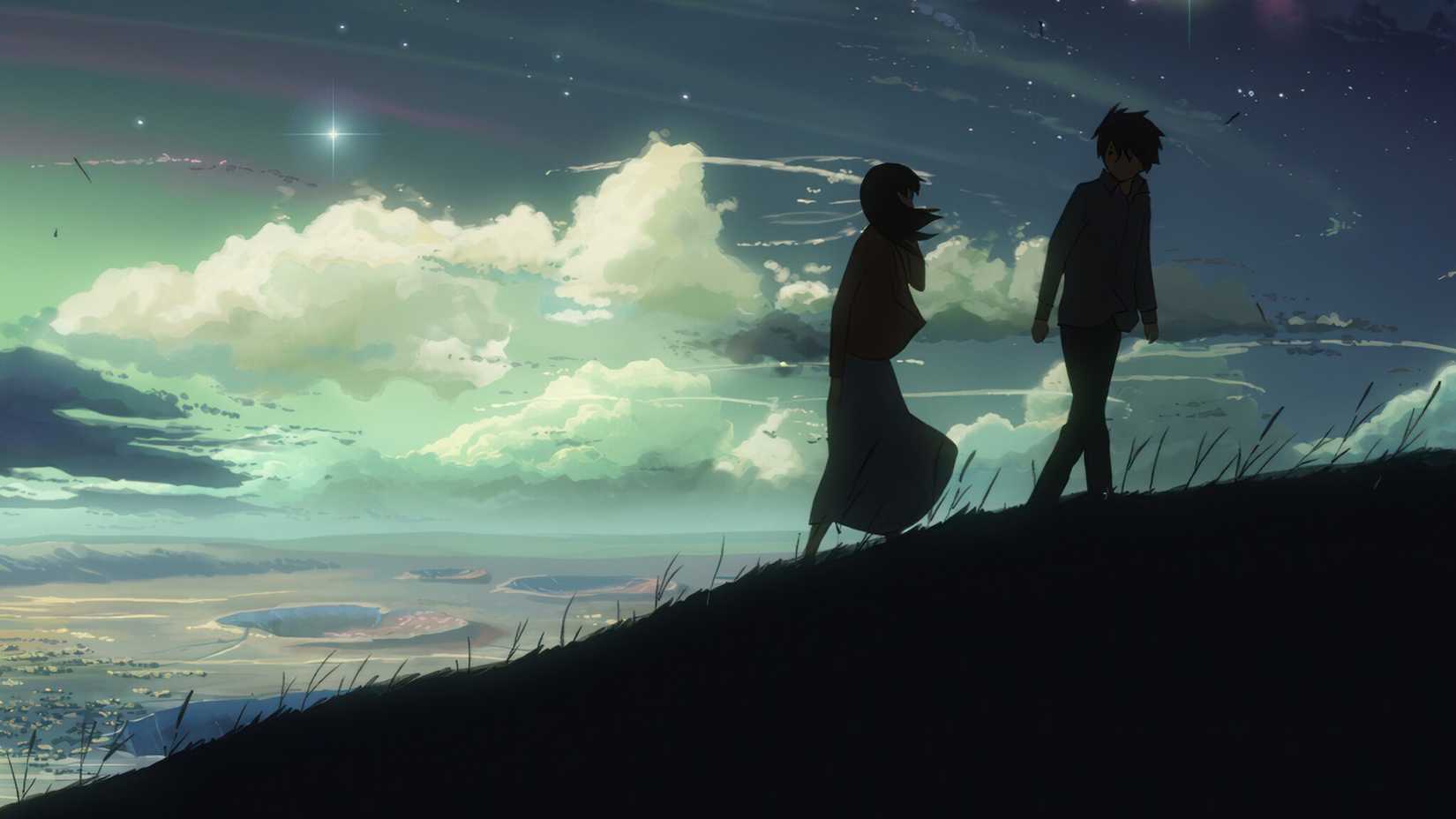 The silhouette of a young boy and a girl walking up a hill in 5 Centimeters Per Second