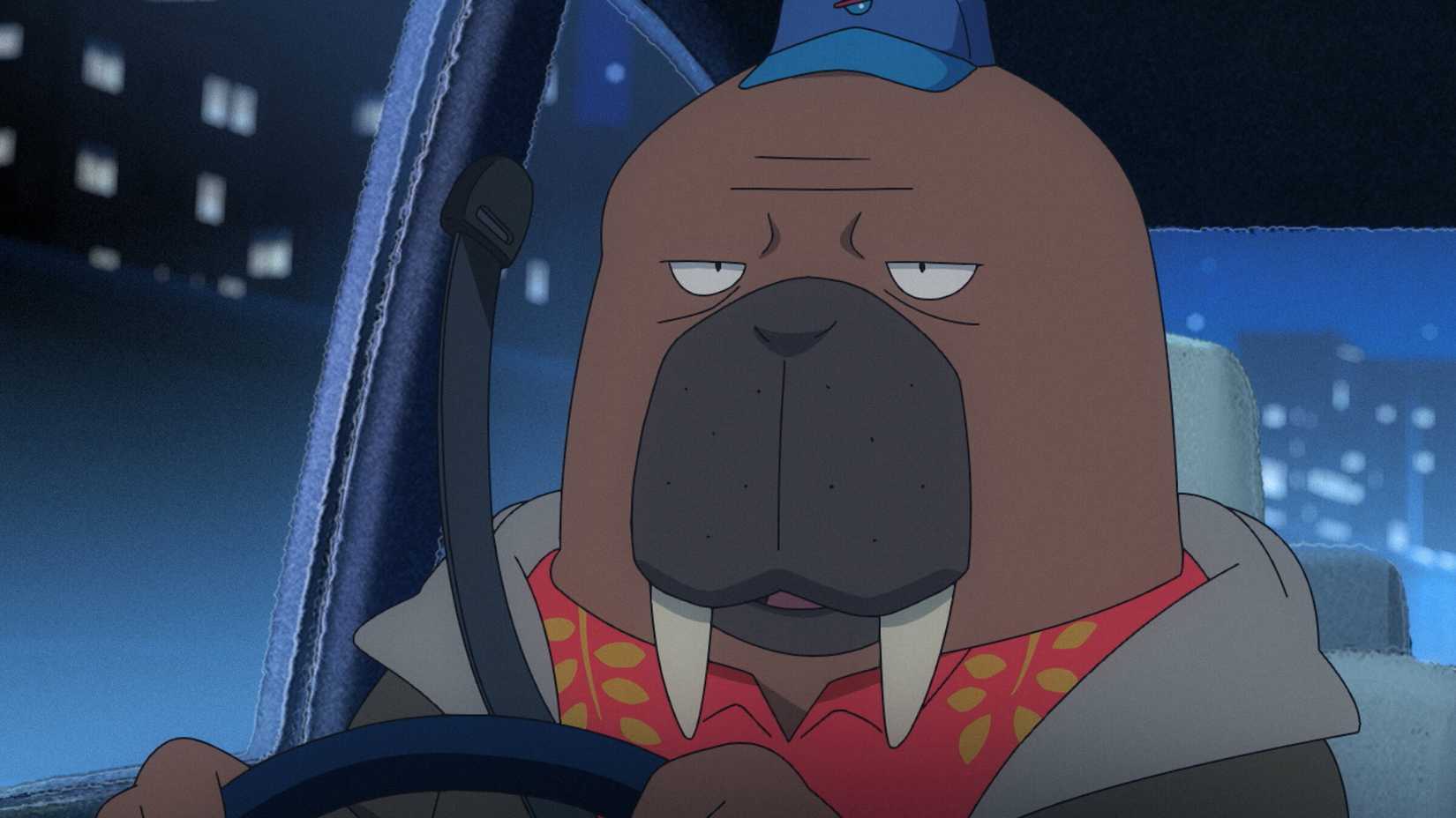 A humanoid walrus drives a taxi while wearing an exasperated expression in Odd Taxi