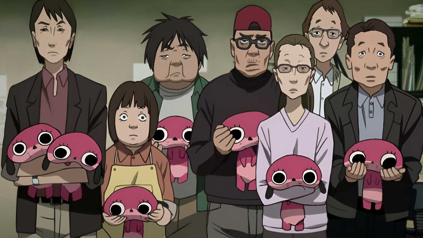 A group of people look perturbed while holding small, pink Maromis in Paranoia Agent