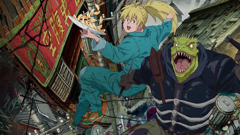 A man with a lizard head and a blonde haired girl look elated in Dorohedoro