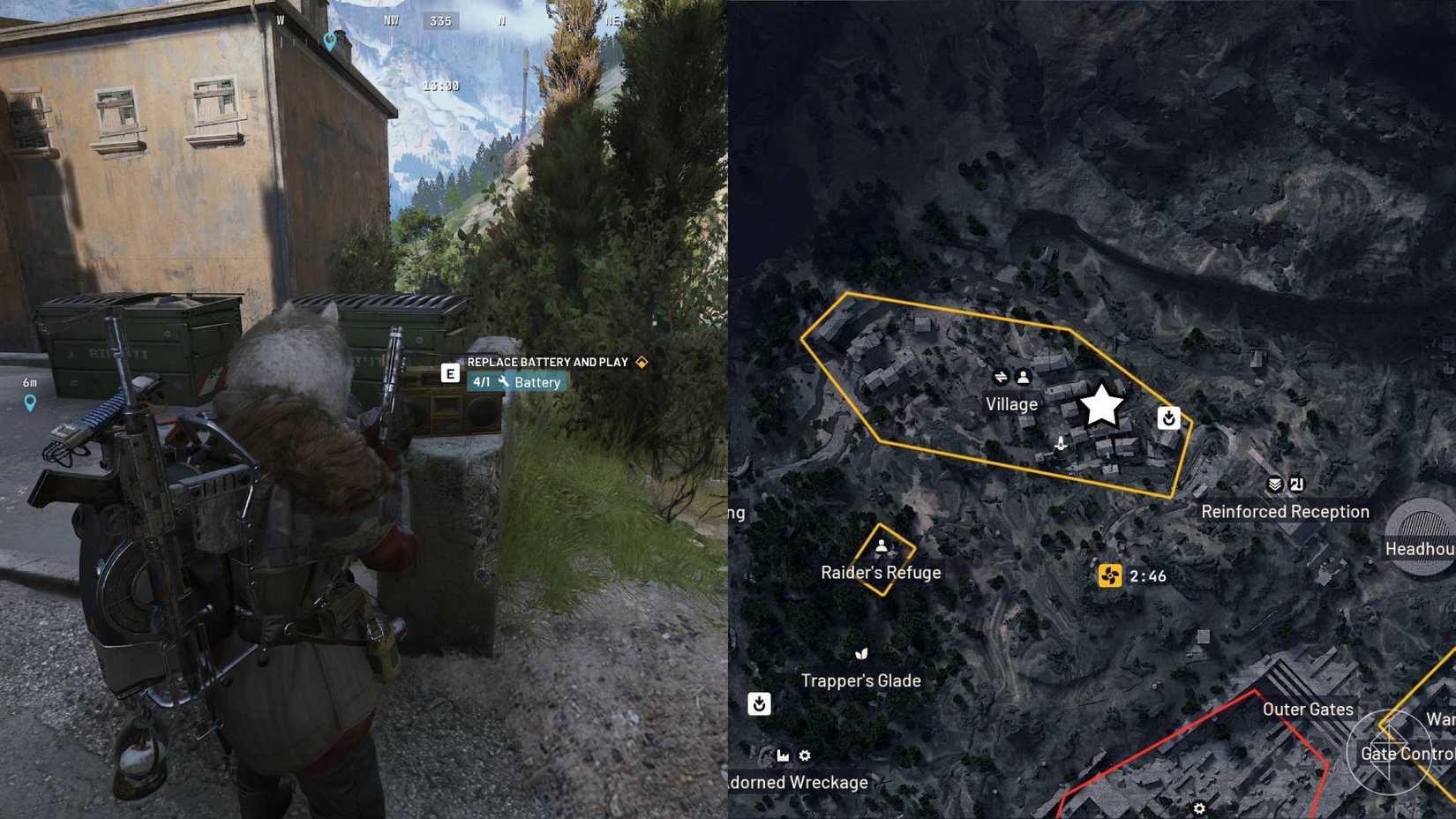 The left-hand side of the image shows the player standing in front of the boom box in Arc Raiders while the right-hand side of the image shows the location marked on the in-game map with a star.