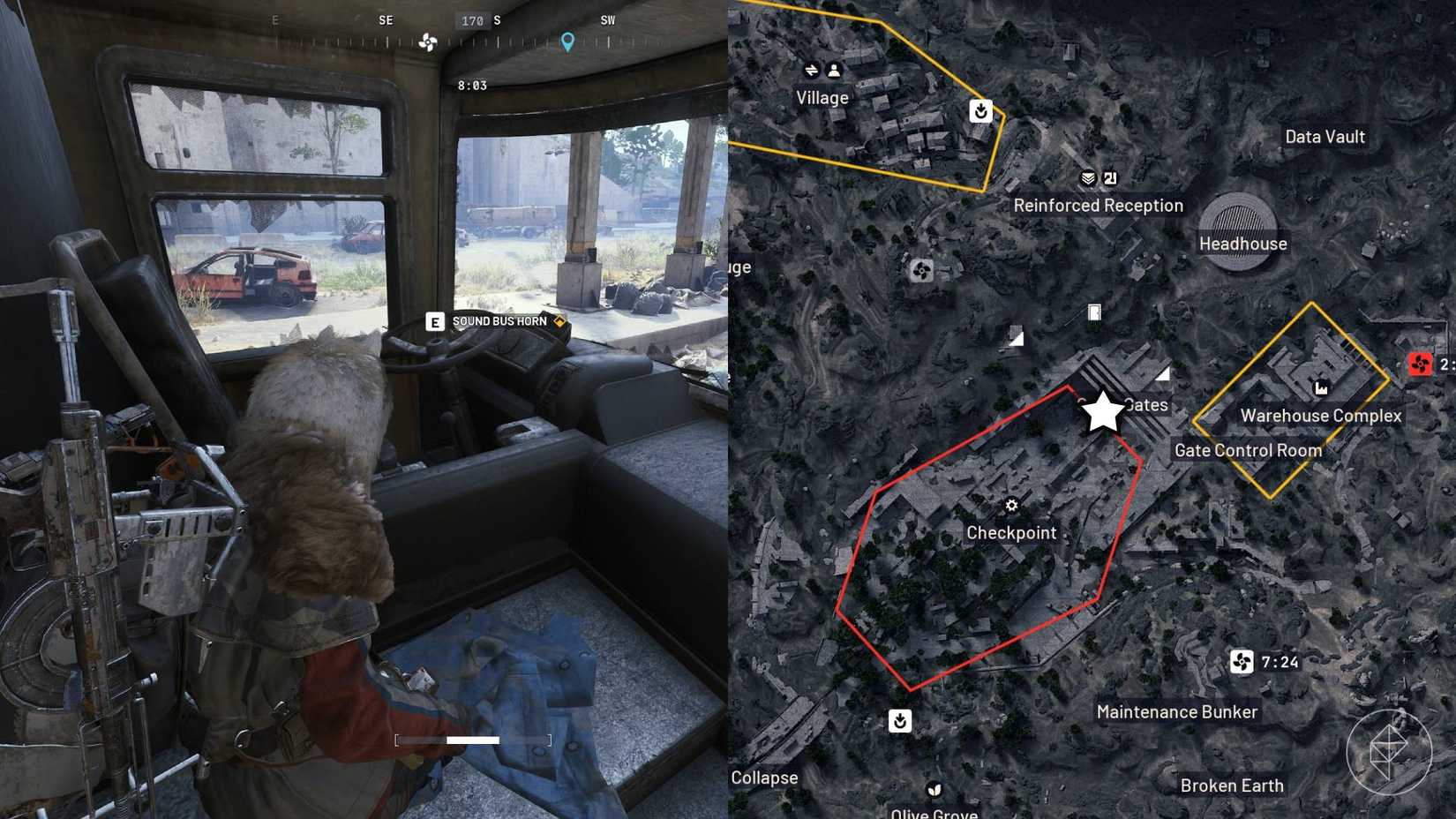 The left-hand side of the image shows the player standing in front of the bus horn in Arc Raiders while the right-hand side of the image shows the location marked on the in-game map with a star.