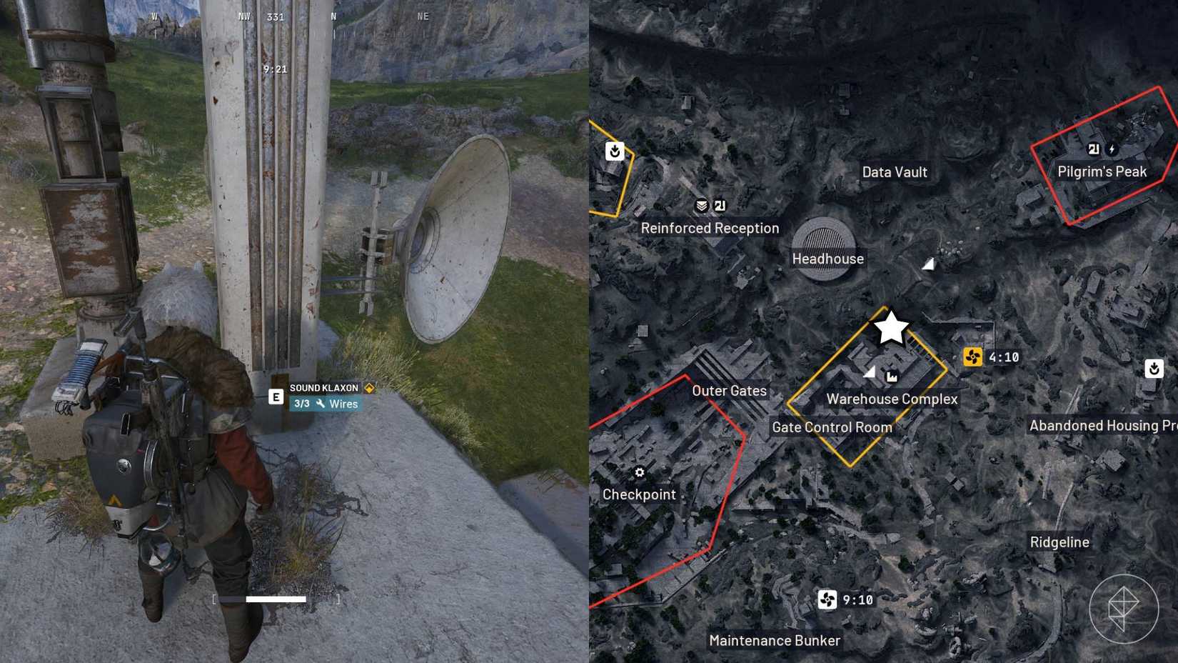 The left-hand side of the image shows the player standing in front of the emergency siren in Arc Raiders while the right-hand side of the image shows the location marked on the in-game map with a star.