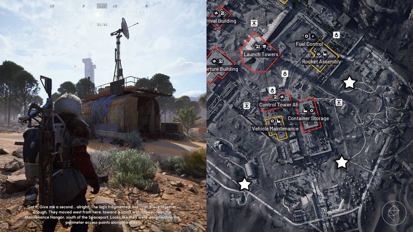 The left-hand side of the image shows the player looking at a field depot in Arc Raiders while the right-hand side of the image shows all the field depots on the eastern side of Spaceport marked on the in-game map with a star.