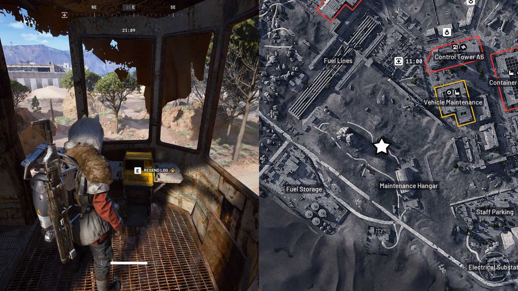The left-hand side of the image shows the player standing inside the raider tower in Arc Raiders while the right-hand side of the image shows the location marked on the in-game map with a star.