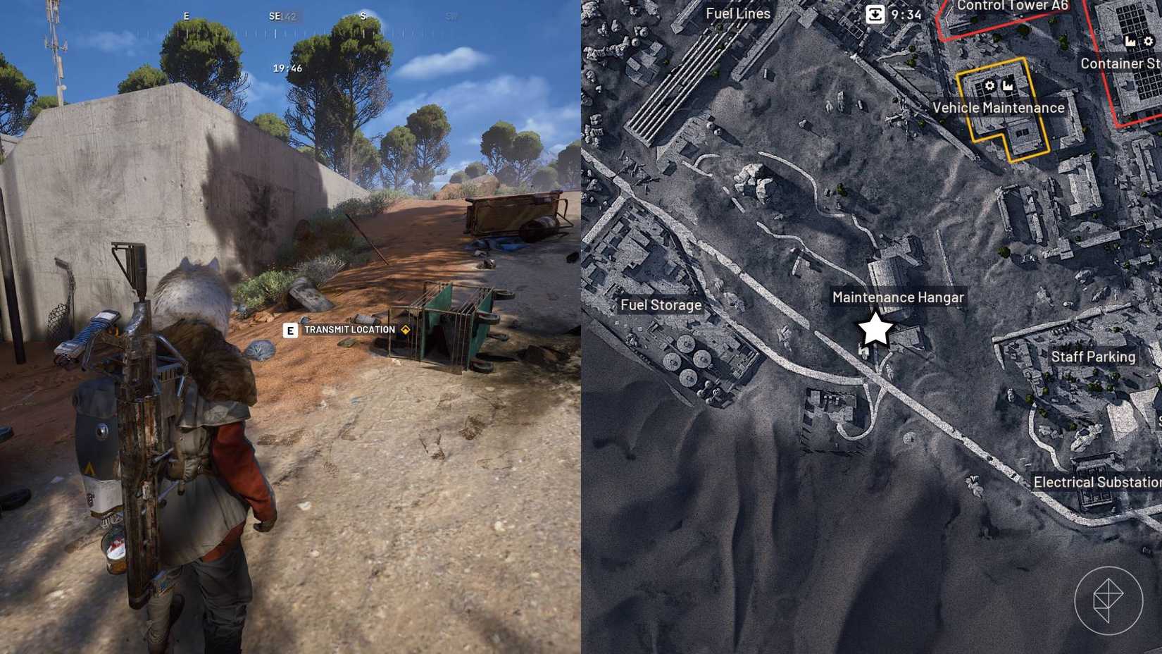 The left-hand side of the image shows the player looking at the remnants of the scout patrol in Arc Raiders while the right-hand side of the image shows the location marked on the in-game map with a star.