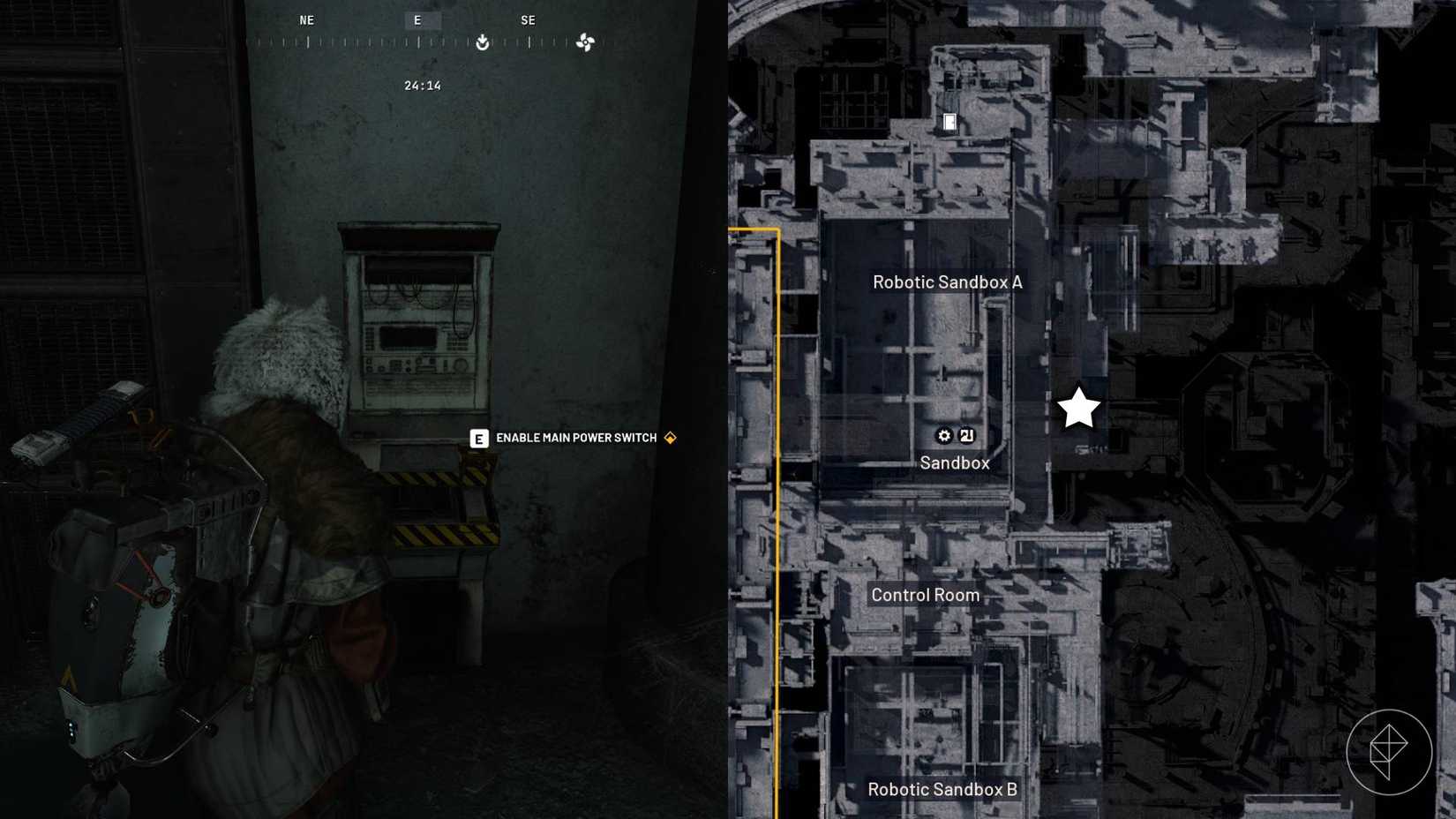 The left-hand side of the image shows the player in Arc Raiders standing in front of the objective while the right-hand side of the image shows the location marked on the in-game map with a star.