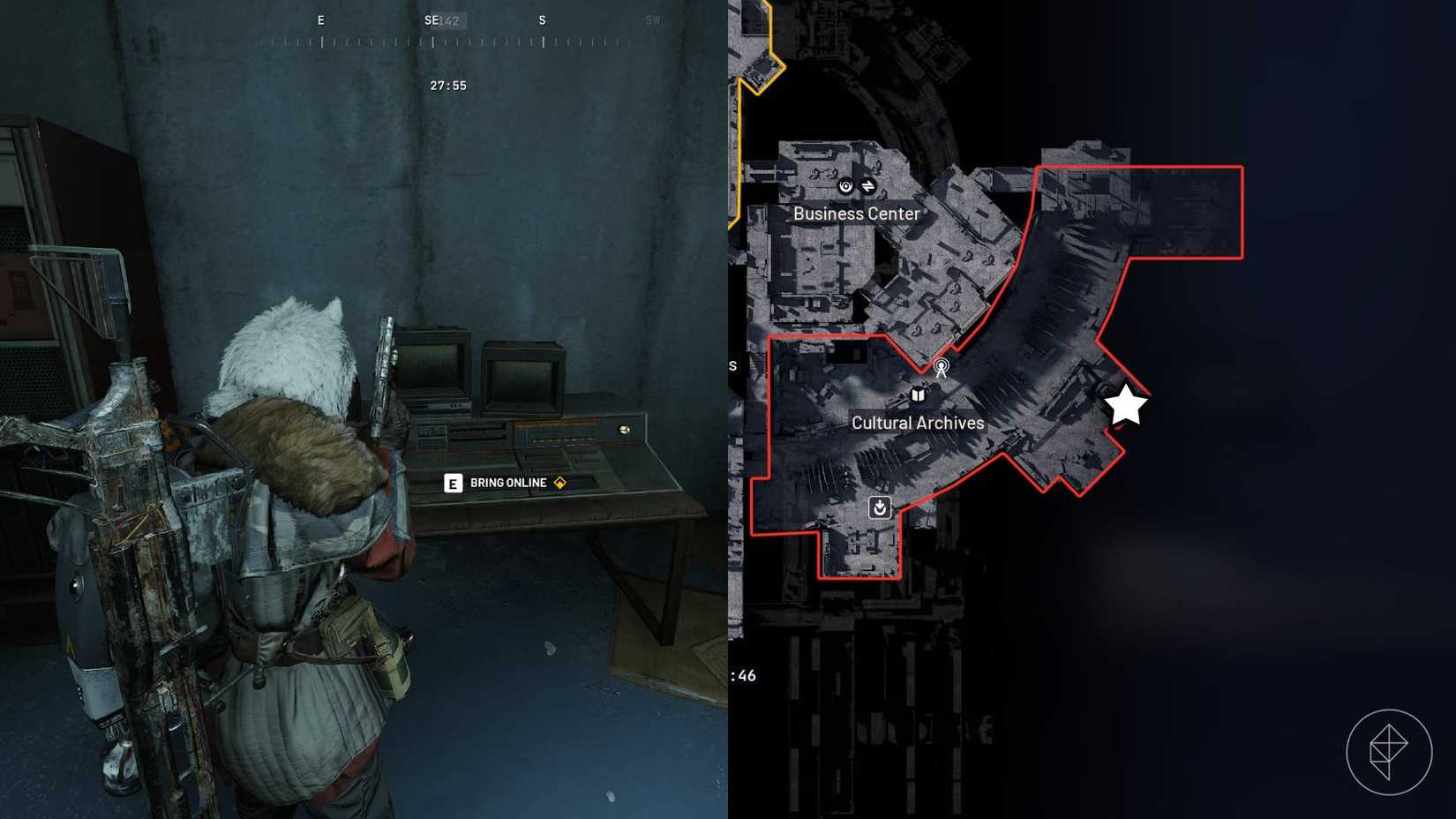 The left-hand side of the image shows the player in Arc Raiders standing in front of the objective while the right-hand side of the image shows the location marked on the in-game map with a star.