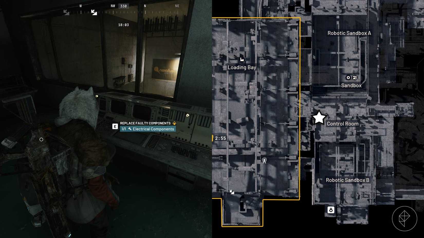 The left-hand side of the image shows the player in Arc Raiders standing in front of the out-of-service terminal that needs repairs while the right-hand side of the image shows the location marked on the in-game map with a star.