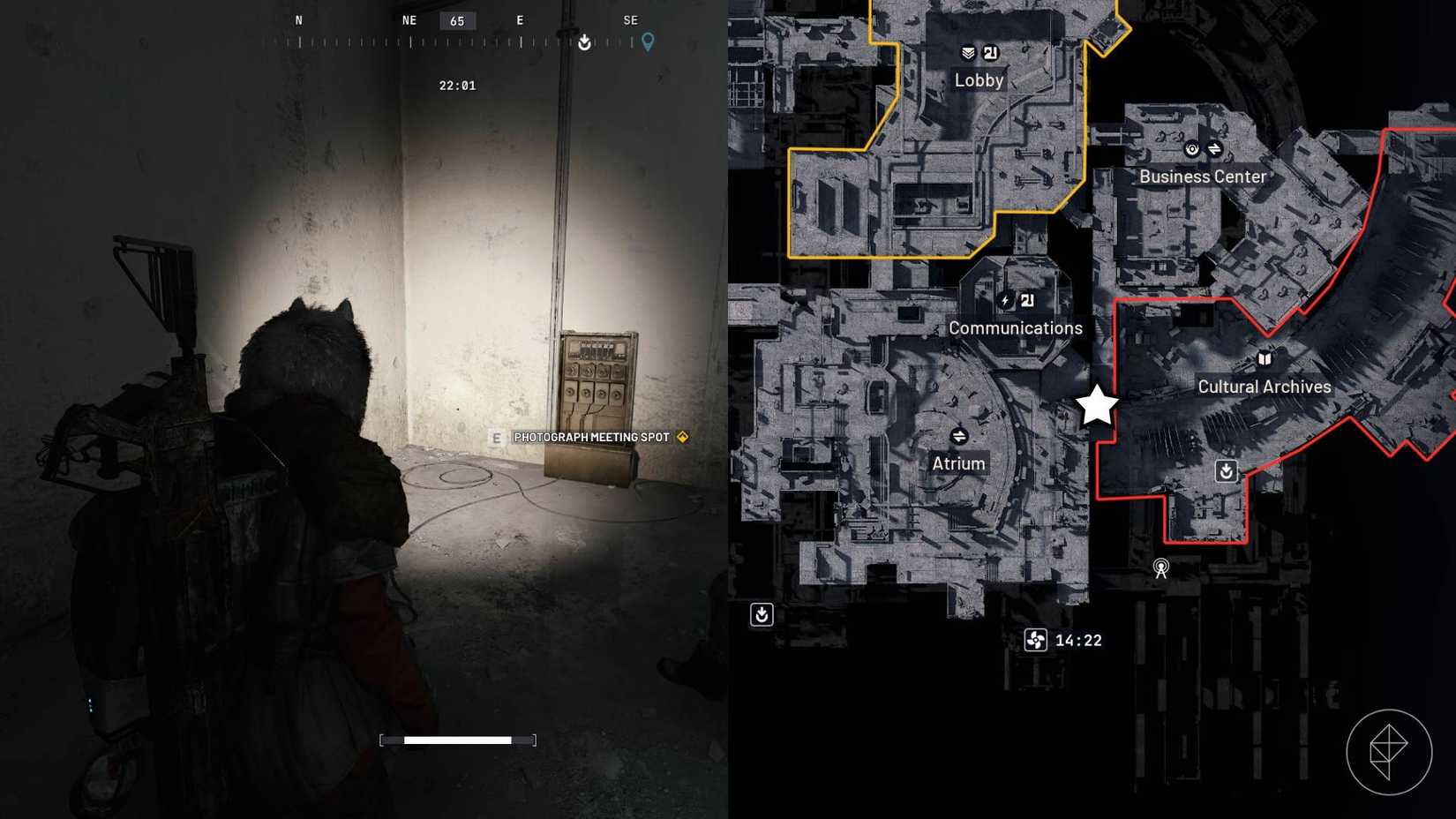 The left-hand side of the image shows the player in Arc Raiders taking a photograph for the objective while the right-hand side of the image shows the location marked on the in-game map with a star.
