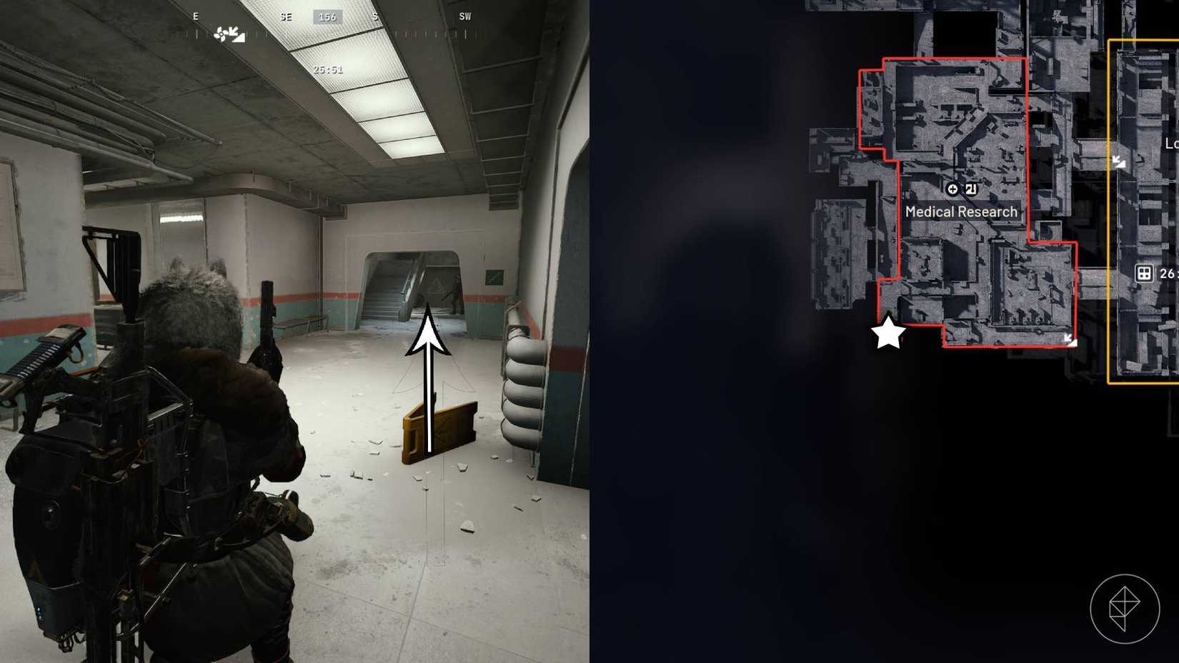 The left-hand side of the image shows the player in Arc Raiders looking down the corridor towards the sceret meeting spot in Medical Research on Stella Montis while the right-hand side of the image shows the location marked on the in-game map with a star.