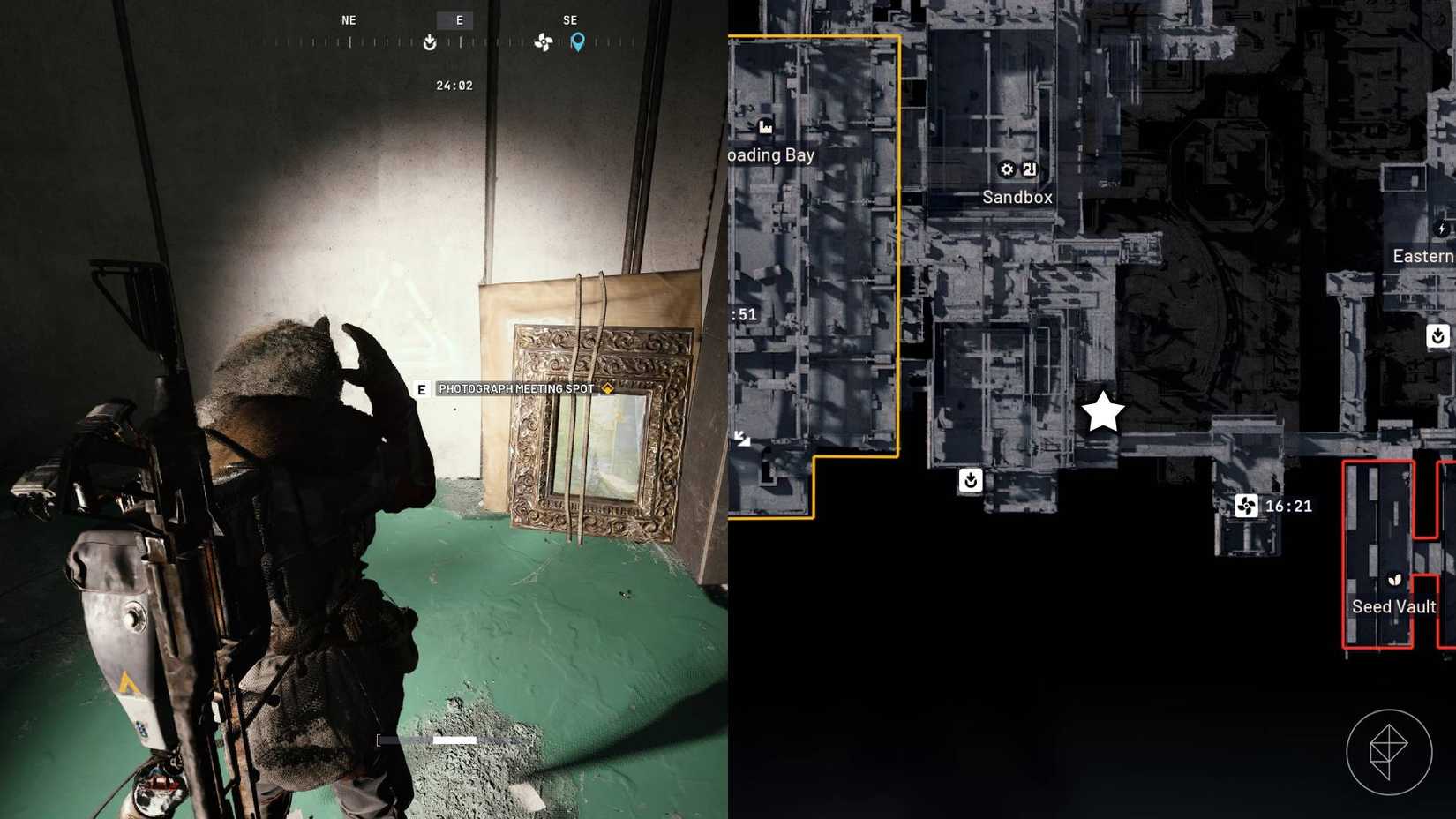 The left-hand side of the image shows the player in Arc Raiders taking a photograph for the objective while the right-hand side of the image shows the location marked on the in-game map with a star.
