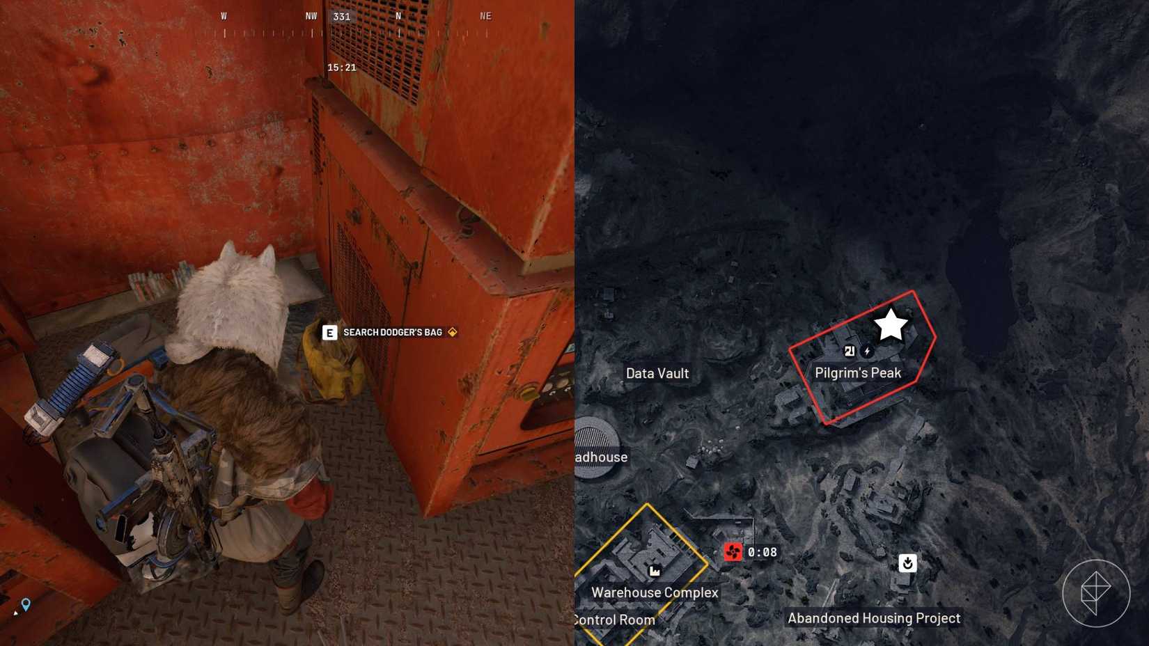 The left-hand side of the image shows the player in front of Dodger's deal spot in Arc Raiders while the right-hand side of the image shows the location marked on the in-game map with a star icon.