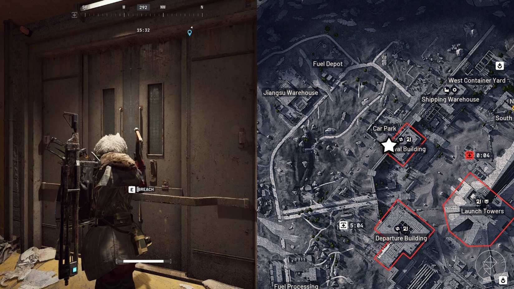 The left-hand side of the image shows the player breaching into the room for the quest while the right-hand side of the image shows the location marked on the in-game Arc Raiders map.