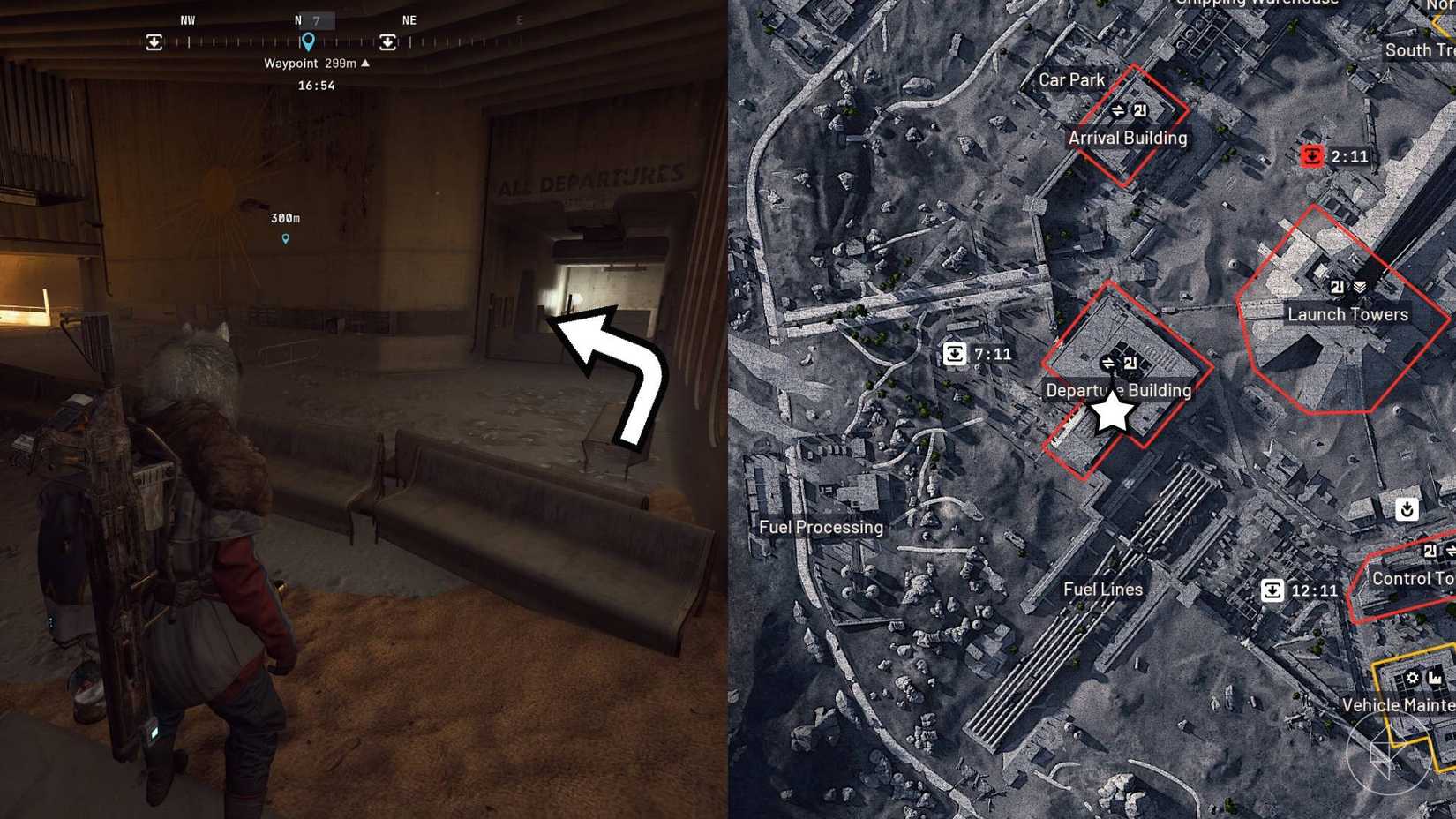 The left-hand side of the image shows the player standing in the room before the quest objective with an arrow pointing the reader where to go while the right-hand side of the image shows the location marked on the in-game Arc Raiders map.