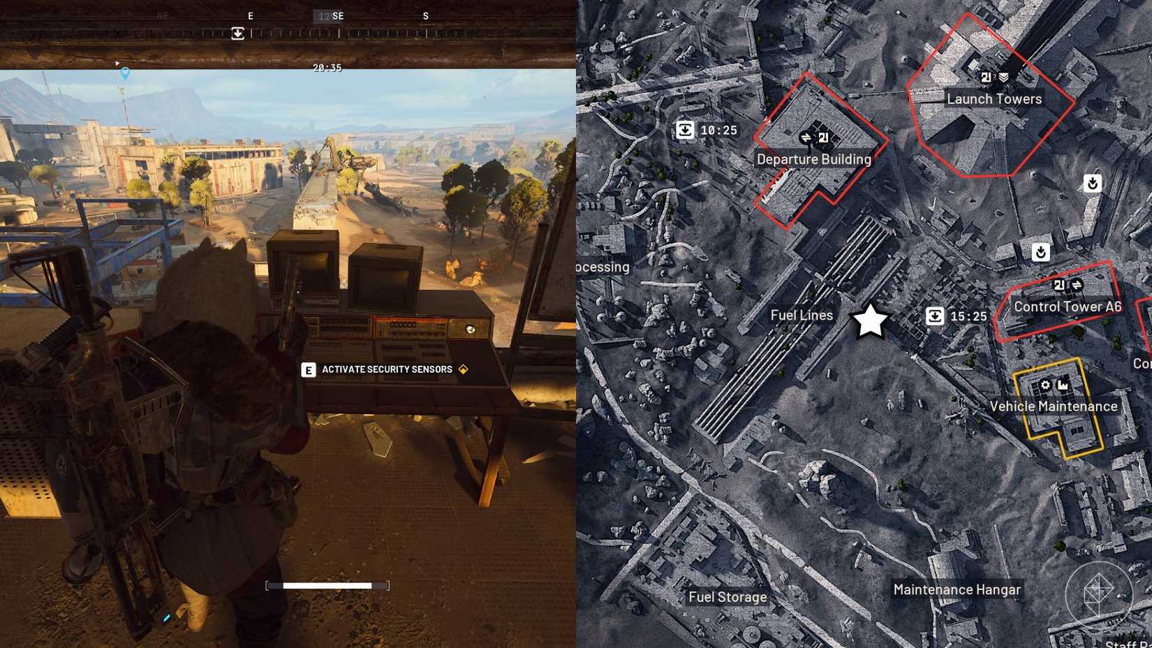 The left-hand side of the image shows the player standing in front of the prompt for the quest while the right-hand side of the image shows the location marked on the in-game Arc Raiders map.