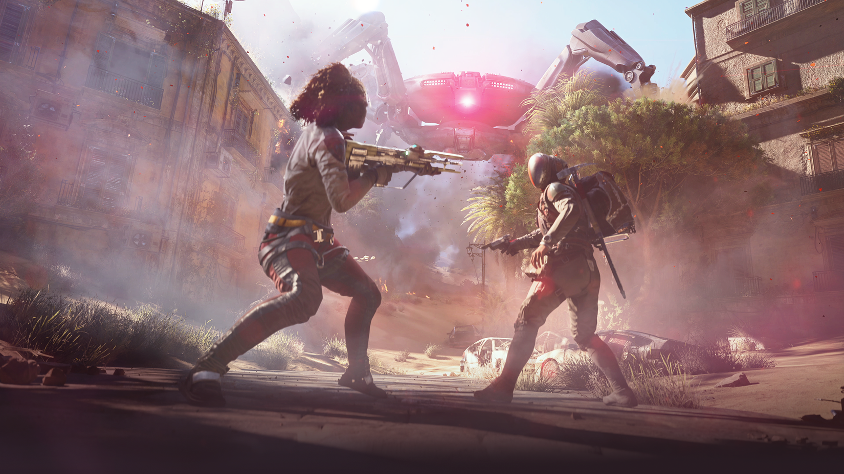Two Arc Raiders aim guns at each other in front of a massive robotic entity