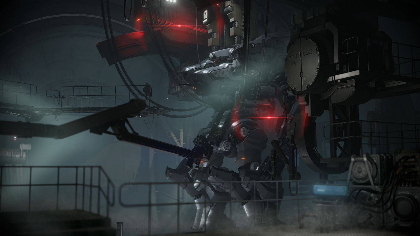 Armored Core 6 mecha docked in a hangar