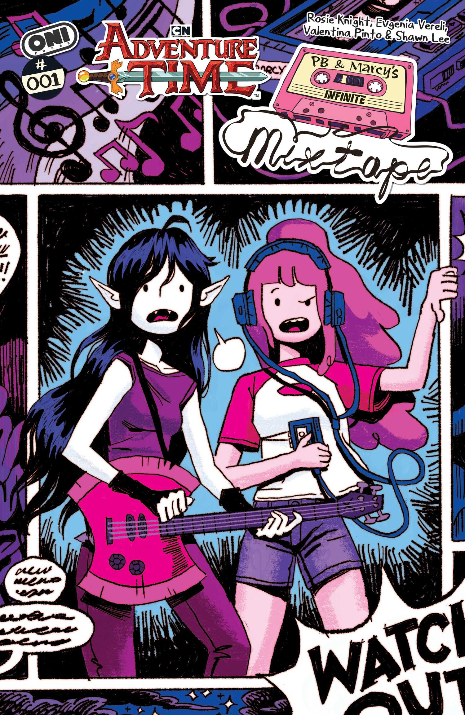 An image featuring Princess Bubblegum and Marceline for from Oni Press. Cover art from Chan. It shows PB and Marceline tangled up together in tape.