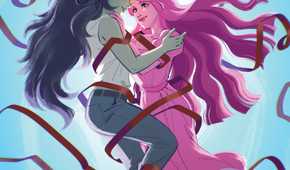 An image featuring Princess Bubblegum and Marceline for from Oni Press. Cover art from Jaki King. It shows PB and Marceline tangled up together in tape.
