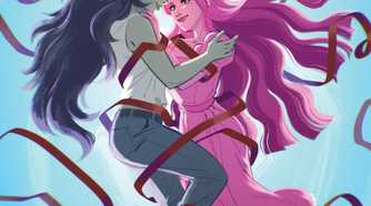 An image featuring Princess Bubblegum and Marceline for from Oni Press. Cover art from Jaki King. It shows PB and Marceline tangled up together in tape.