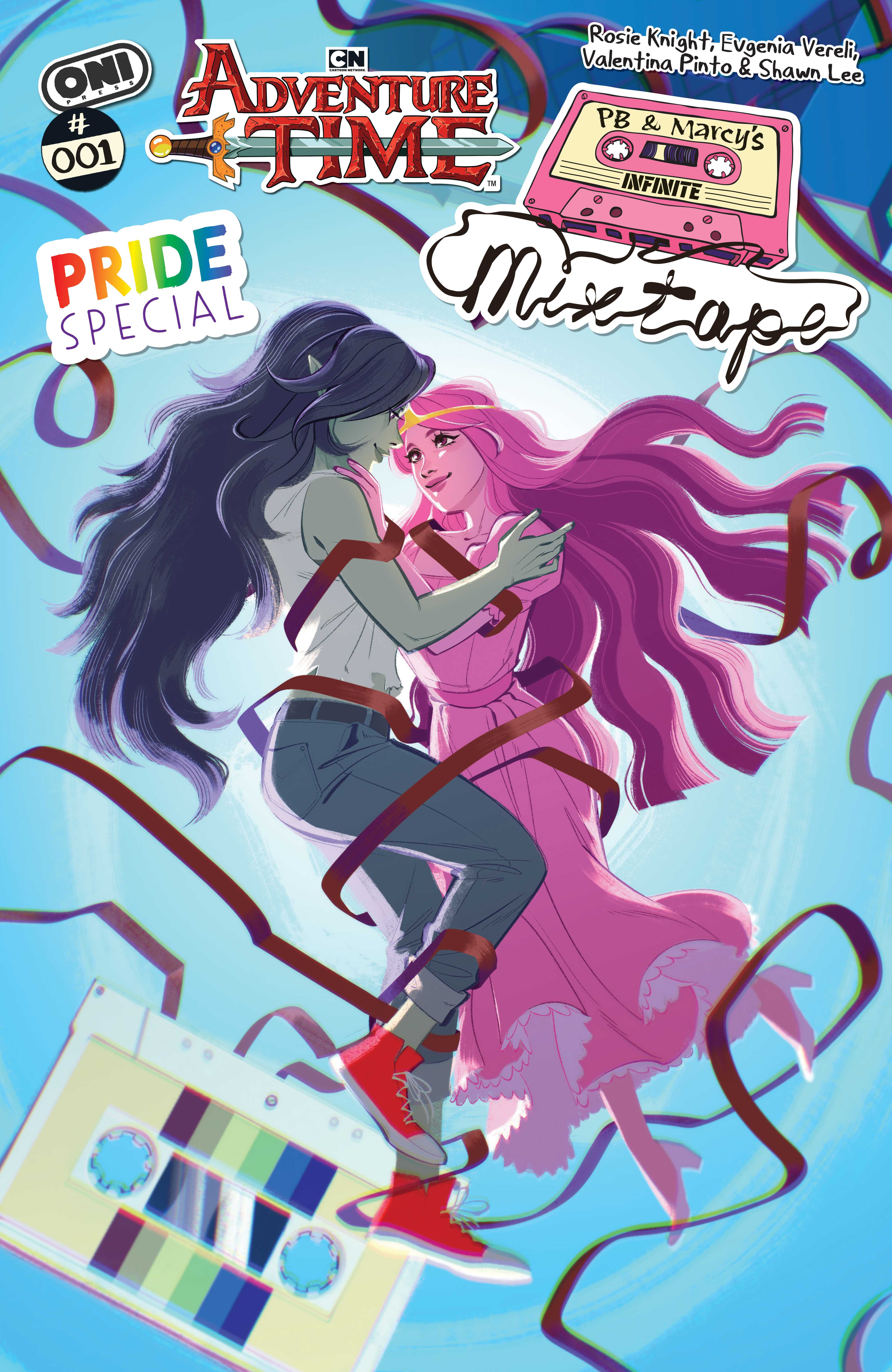 An image featuring Princess Bubblegum and Marceline for from Oni Press. Cover art from Jaki King. It shows PB and Marceline tangled up together in tape.
