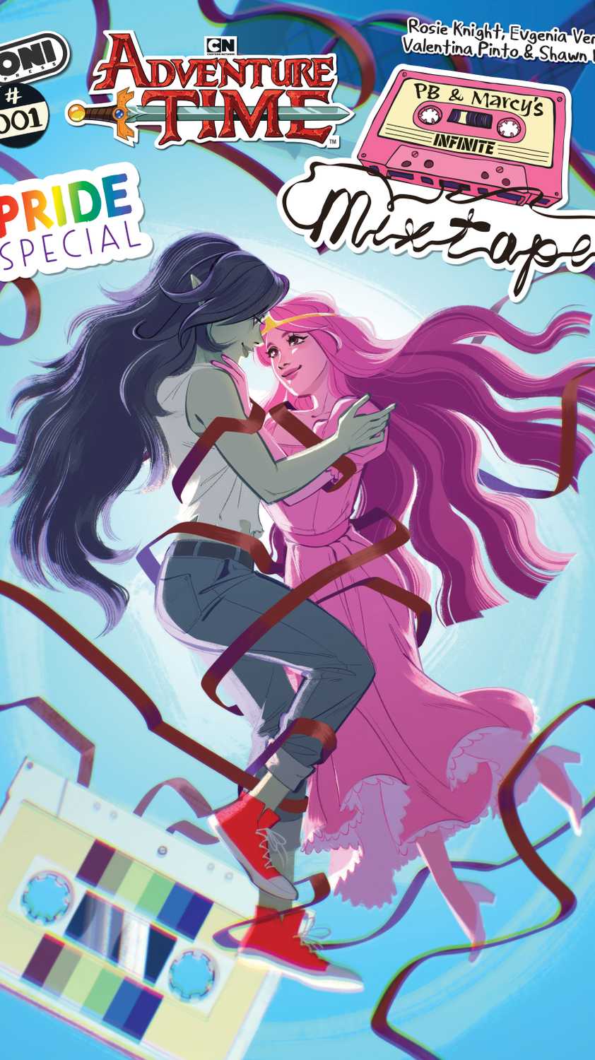 An image featuring Princess Bubblegum and Marceline for from Oni Press. Cover art from Jaki King. It shows PB and Marceline tangled up together in tape.