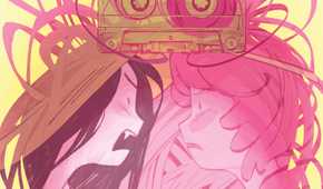 An image featuring Princess Bubblegum and Marceline for from Oni Press. Cover art from Mary Ainza. It shows PB and Marceline tangled up together in tape.