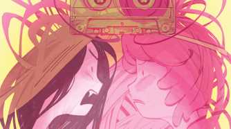 An image featuring Princess Bubblegum and Marceline for from Oni Press. Cover art from Mary Ainza. It shows PB and Marceline tangled up together in tape.