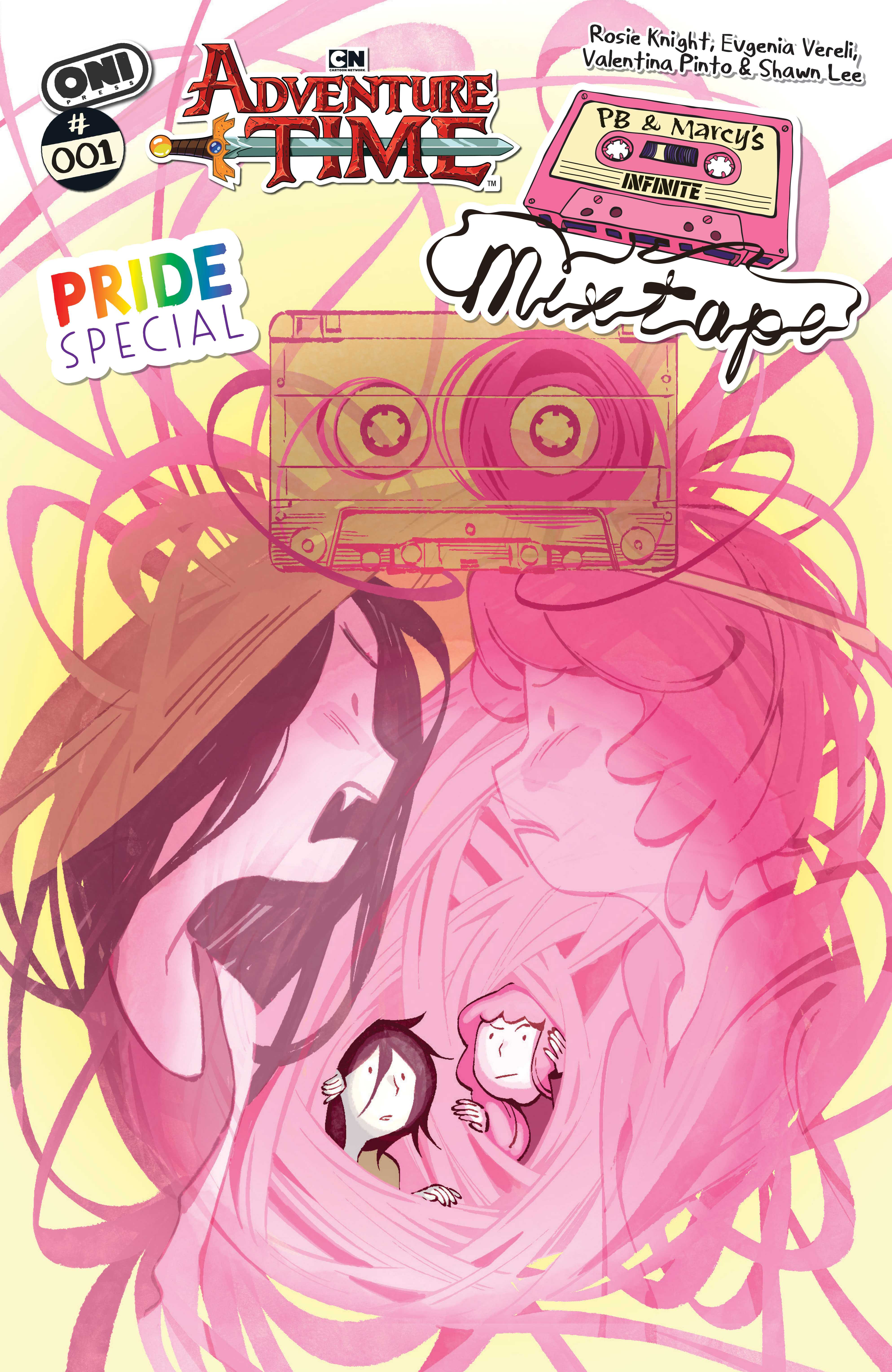 An image featuring Princess Bubblegum and Marceline for from Oni Press. Cover art from Mary Ainza. It shows PB and Marceline tangled up together in tape.