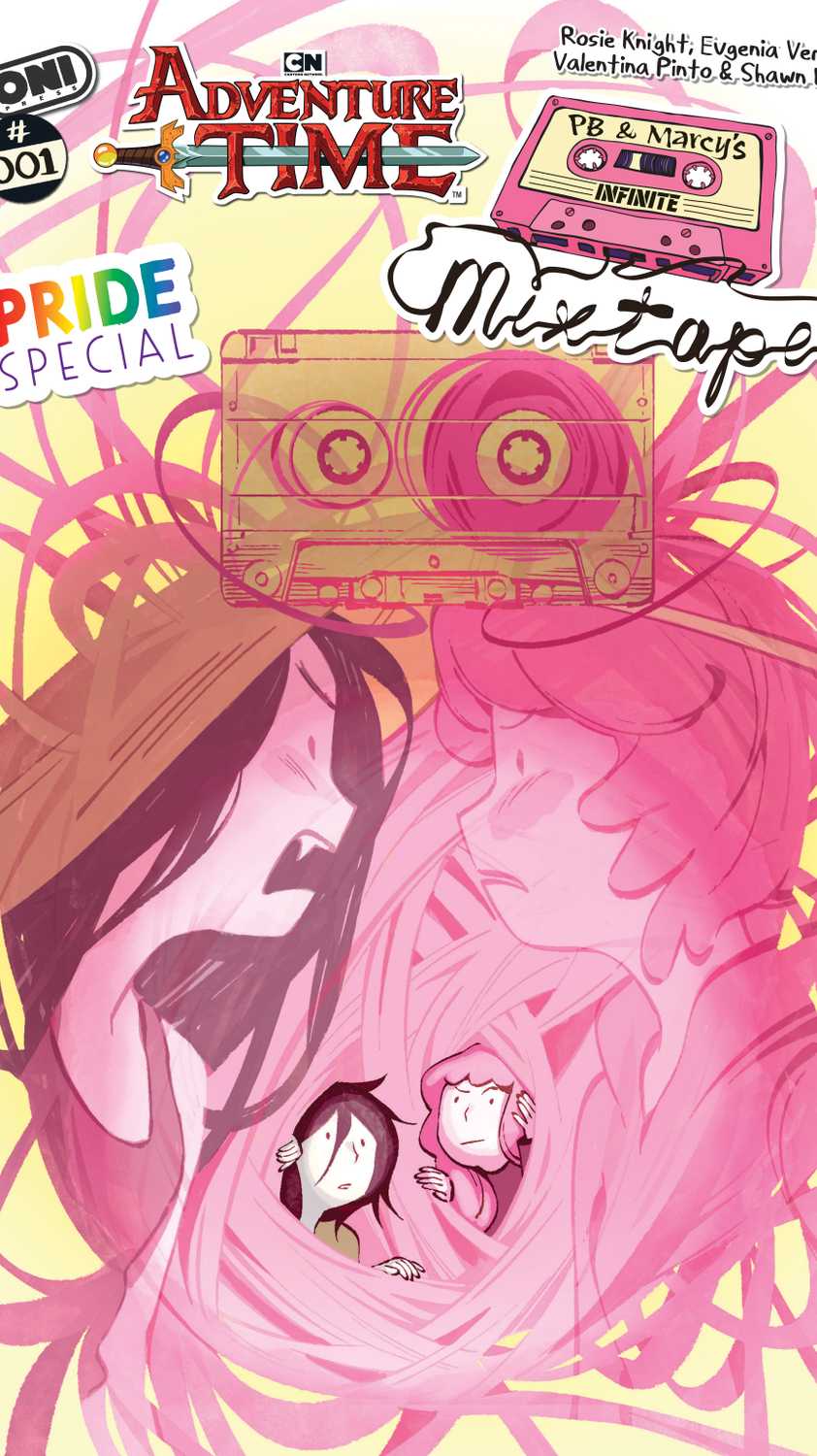 An image featuring Princess Bubblegum and Marceline for from Oni Press. Cover art from Mary Ainza. It shows PB and Marceline tangled up together in tape.