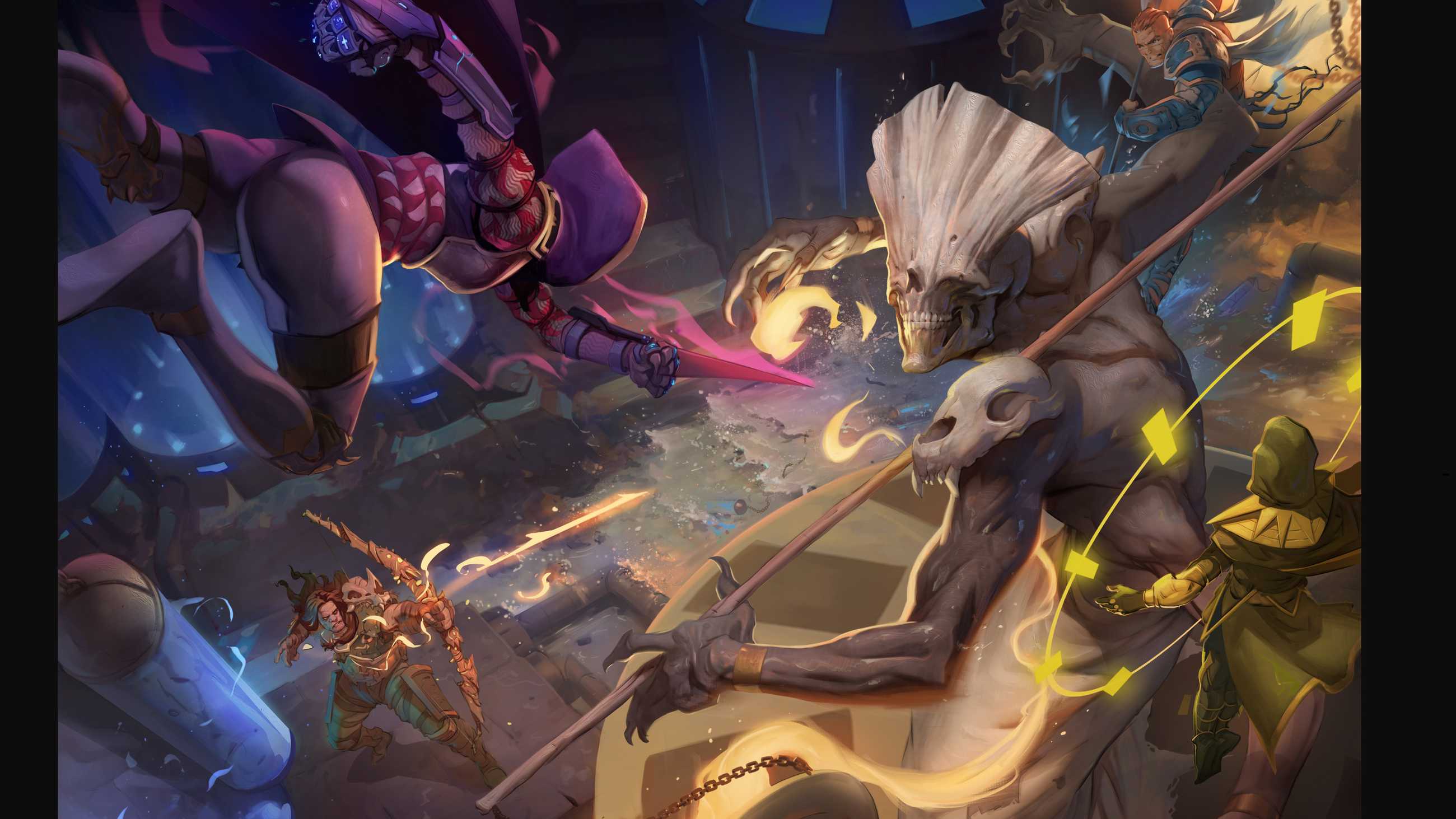 A party of epic heroes attacks a skeletal monsters in an arcane labratory in art from Ariadne's Book of Legends 