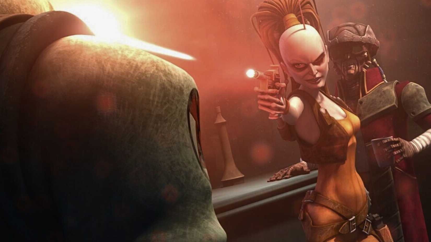  The Clone Wars. It features Aurra Sing, an alien in an orange jump-suit with an antenna sticking out of her giant head. She raises a blaster and fires while boy toy Hondo Ohnaka, an alien, looks on in alarm.
