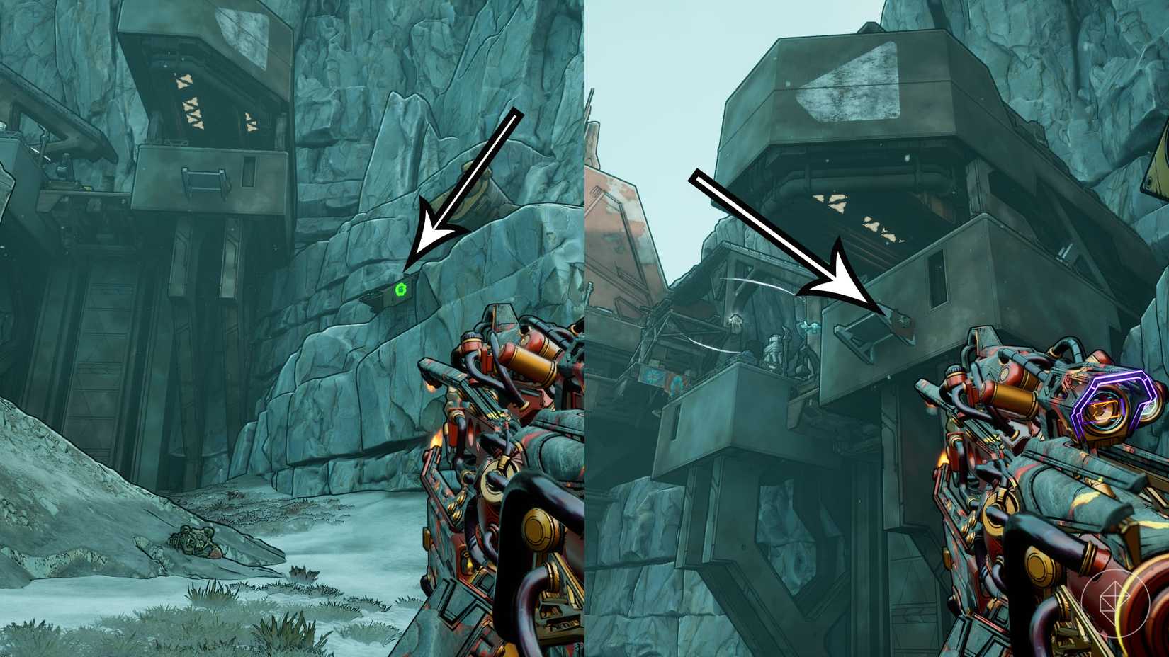 A montage of two Borderlands 4 images showing the path to Maurice's Vending Machine in March 31