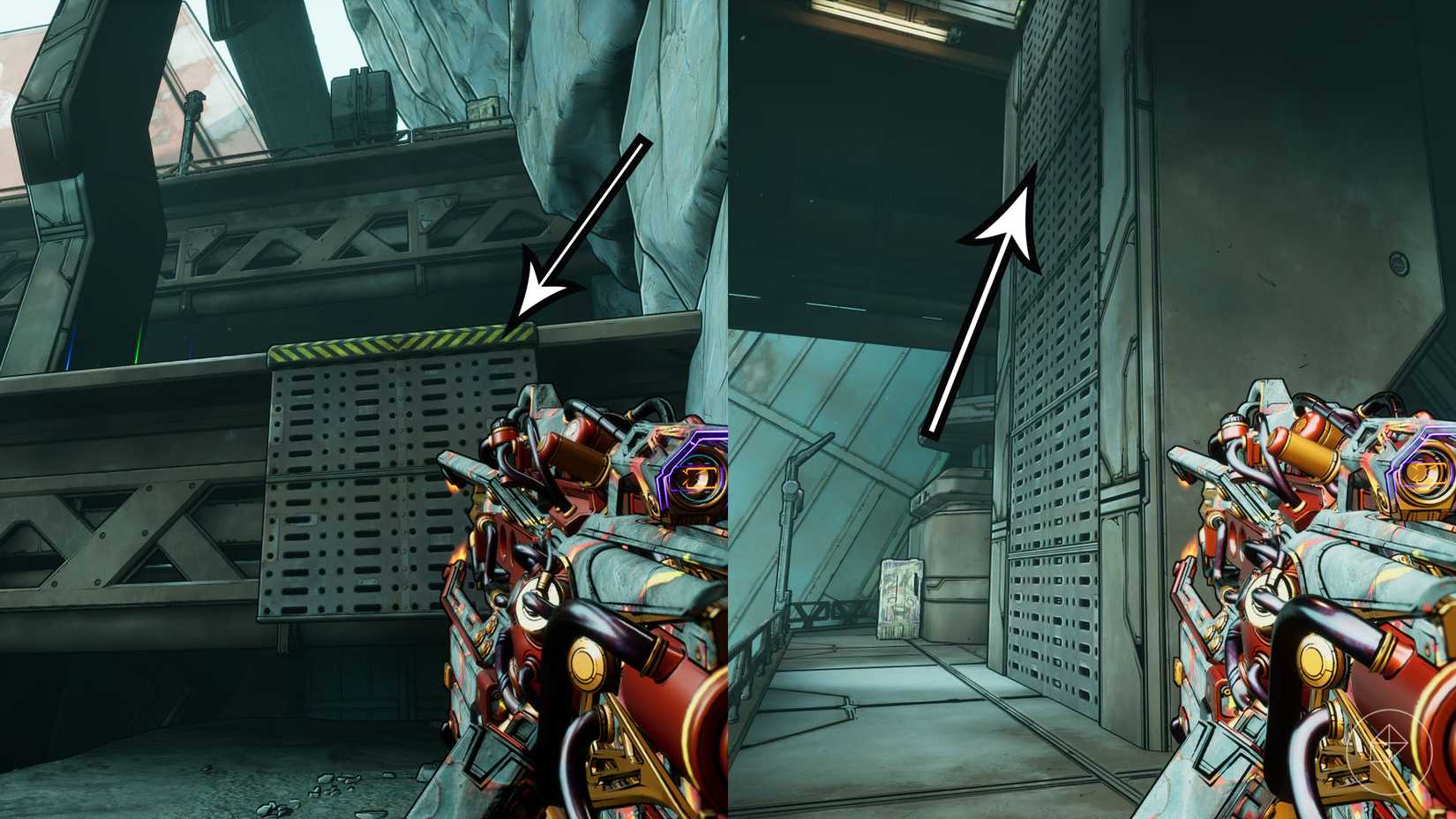 A montage using two Borderlands 4 images showing the path to Maurice's Vending Machine in March 31