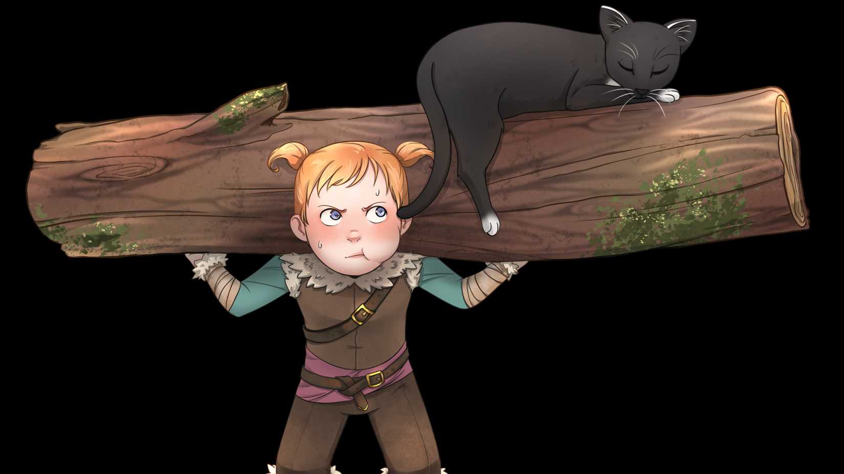 A young girl with pigtails holds a big log over her shoulders while a cat sleeps on it in art from Little But Fierce