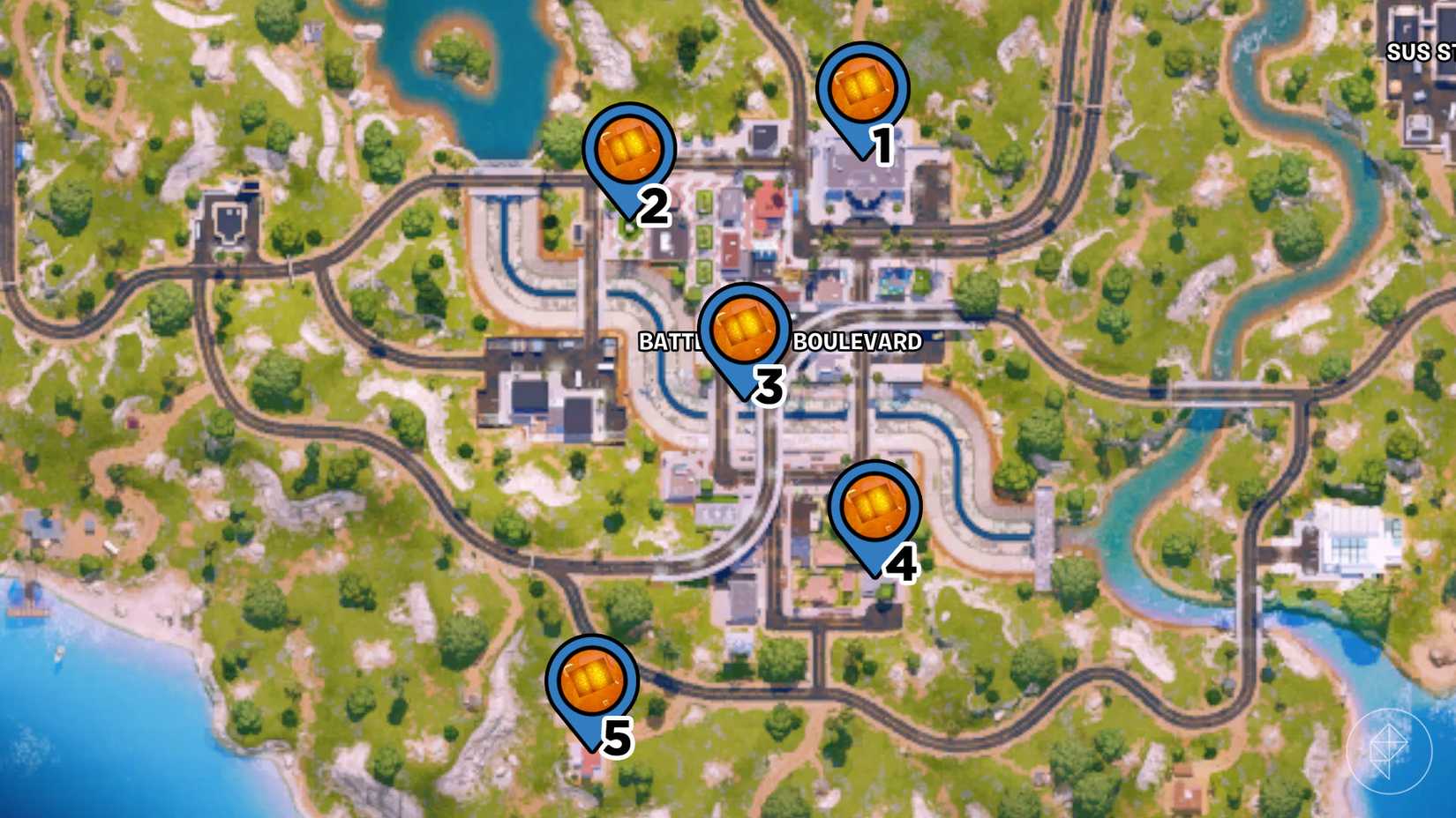 Battlewood Boulevard on the Fortnite map with pins marking the locations of chaos cubes in the area.