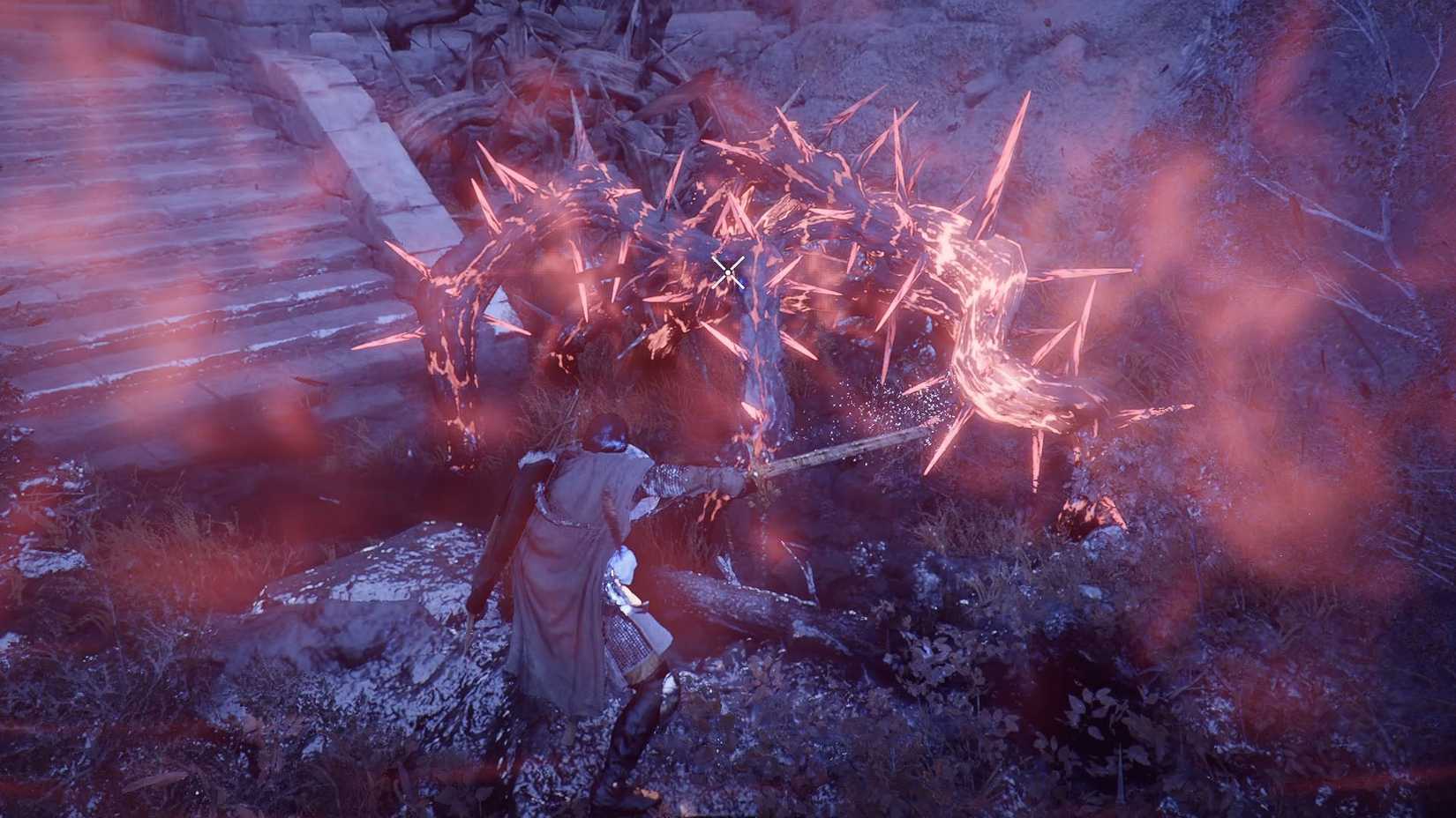 Kliff standing with his sword out using the sunlight to light the thorny vines on fire in Crimson Desert.