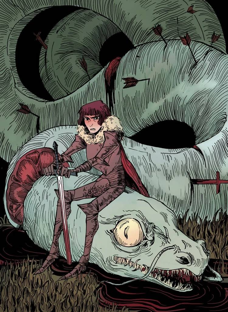 A thin red-haired woman with a bloody sword in her hands, wearing armor and a ruffled fur collar, sits on the head of a decapitated dragon that has arrows and swords sticking out of its body. "Blood Princess," from Rowan MacColl's website.