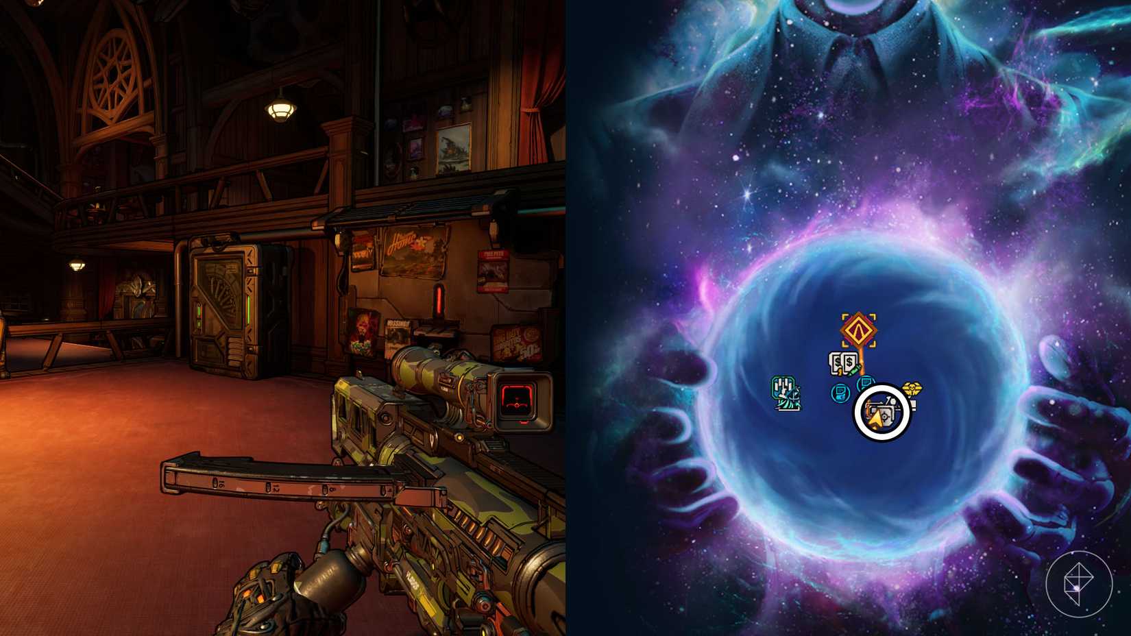 A montage of two Borderlands 4 images showing the location of the bank machine in the Whispering Glavier zone