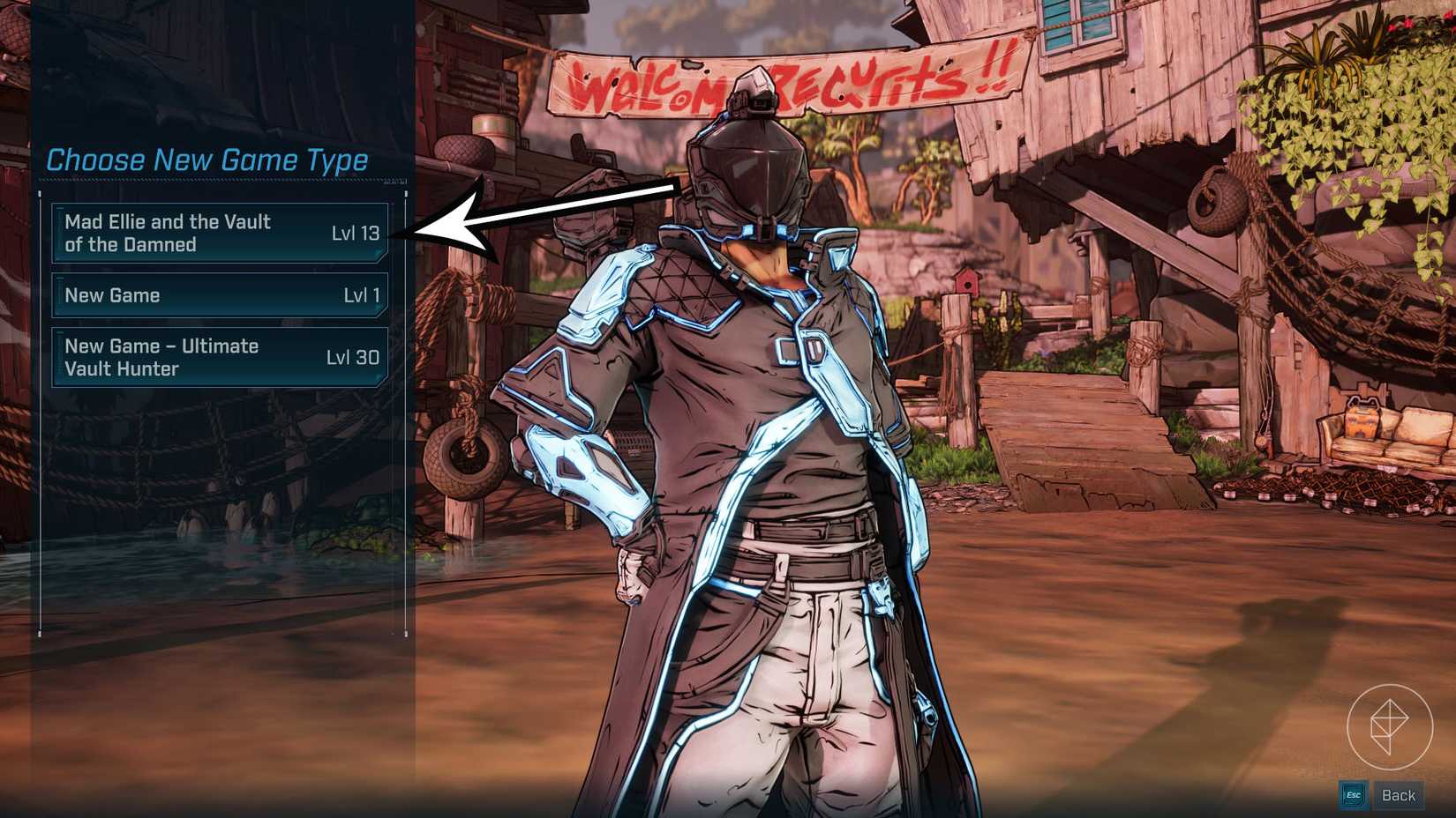 A montage showing where players can create a new character at level 13 in Borderlands 4 to start the DLC