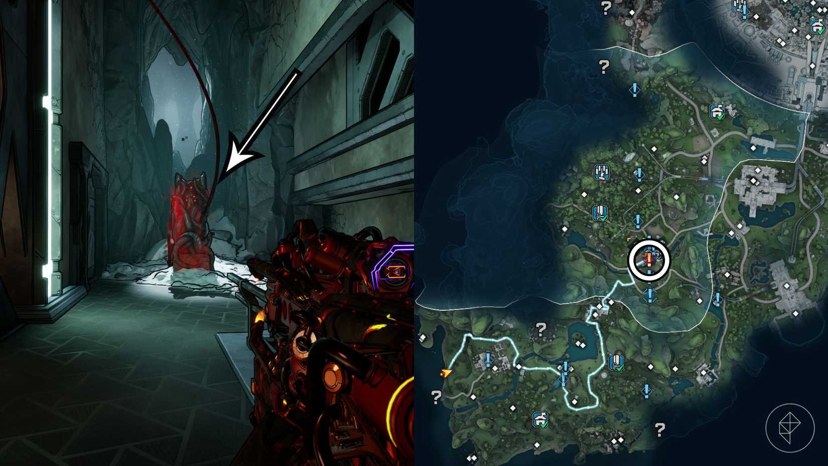 A montage using two Borderlands 4 images showing where players must go to start the game's new DLC