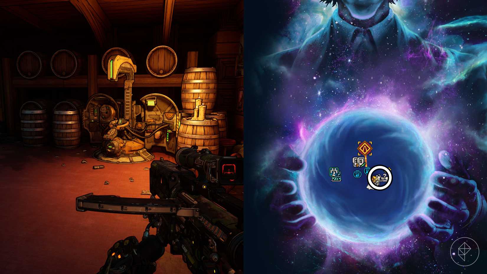 A montage of two Borderlands 4 images showing the location of the respec machine in the Whispering Glacier zone