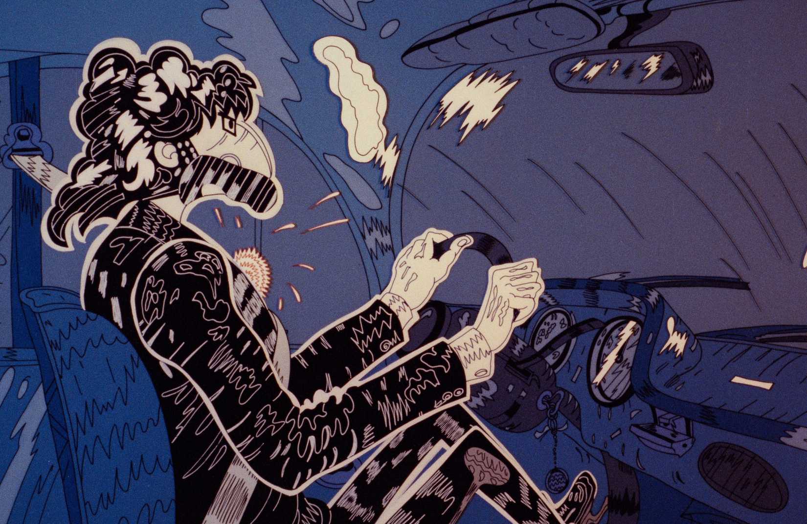 A shaggy man in a black suit drives a car in a highly stylized frame from the 1980 Hungarian animated movie Bubble Bath