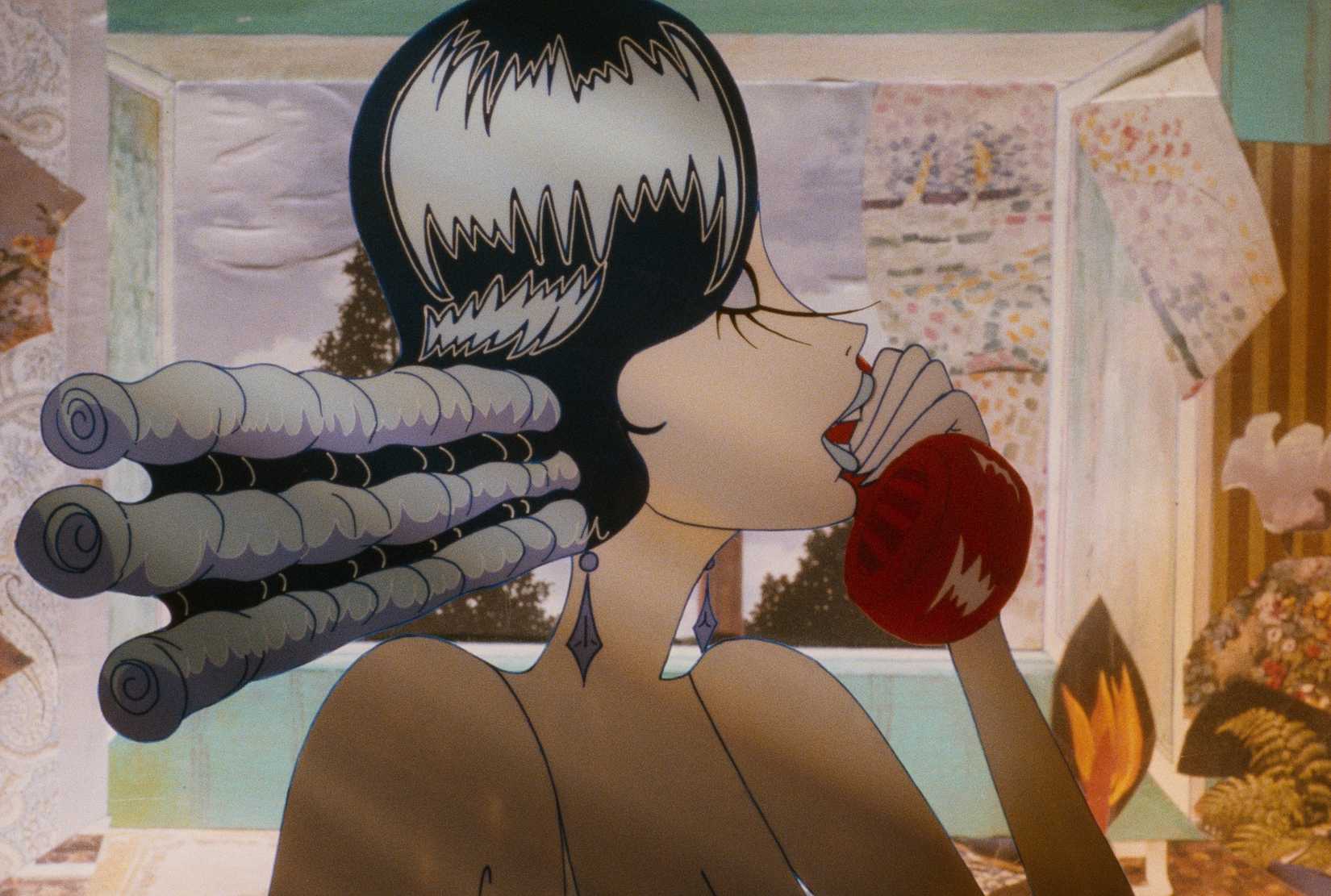 A woman with hair sticking out of the side of her head in three stiff rolls talks on a red phone in the 1980 Hungarian animated movie Bubble Bath