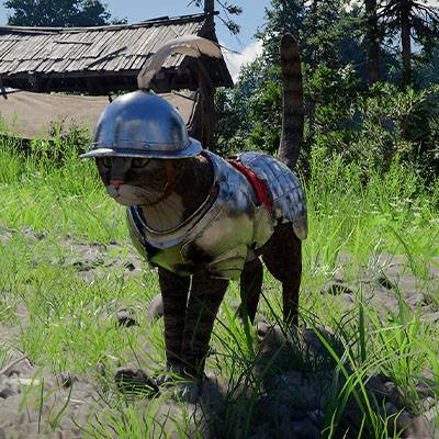 A cat wearing a suit of shiny metal armor in Crimson Desert.