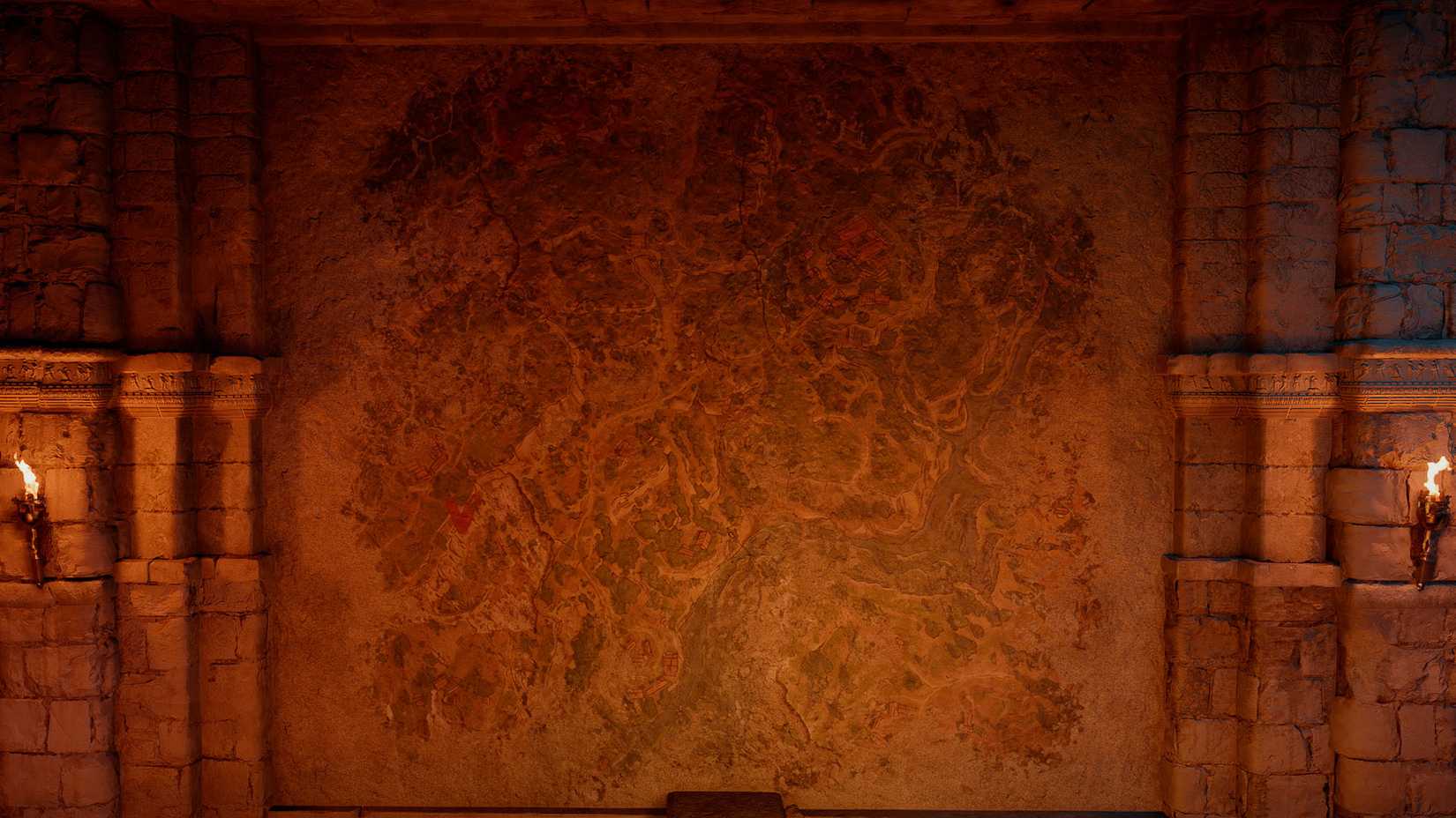 The map painting found inside the Dragon's Stone Chamber, which is a dimly lit painting including red check marks, trees, and structures in Crimson Desert.