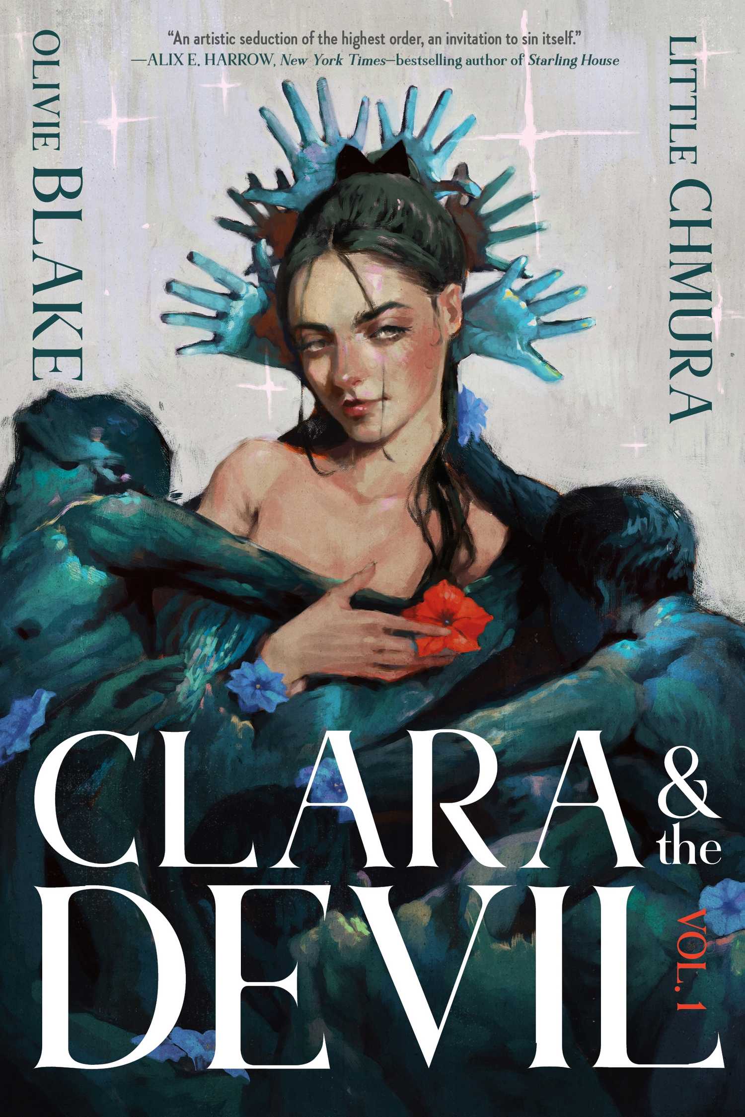 A woman surrounded by hands and flowers smiles seductively on the cover of Clara & the Devil