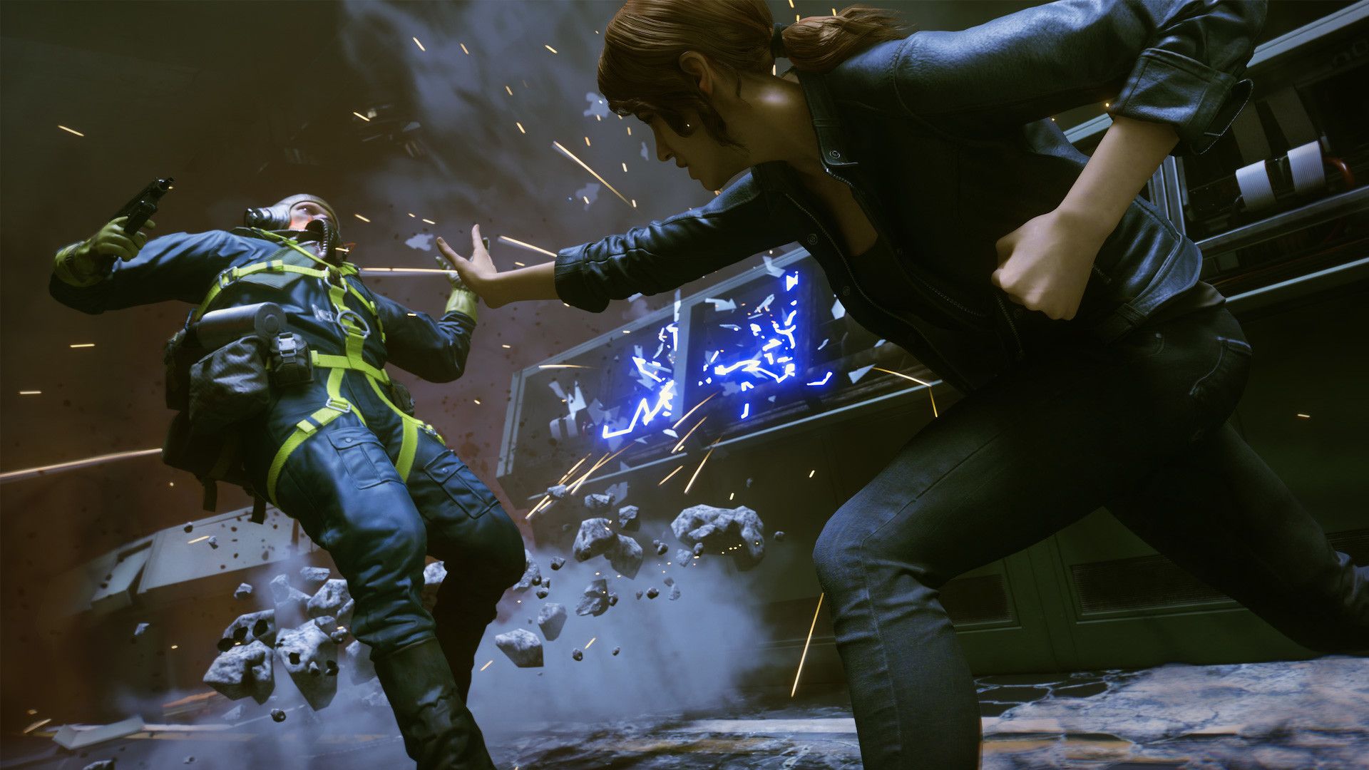 Jesse Faden Force pushing an enemy in a Control gameplay screenshot